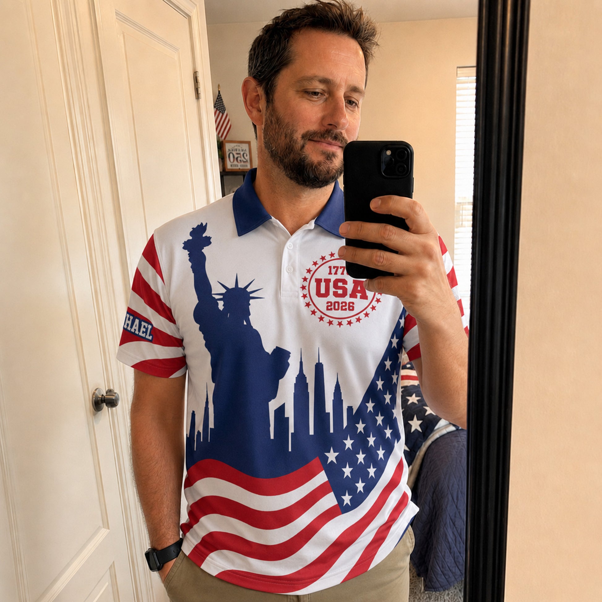 Custom USA 250th Anniversary Golf Polo Liberty Skyline Wave - Personalized Name