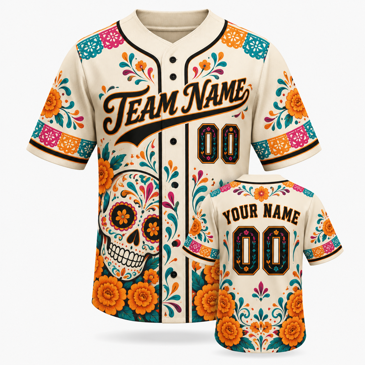 Personalized Sugar Skull Floral Baseball Jersey – Custom Name & Number Day of the Dead Jersey