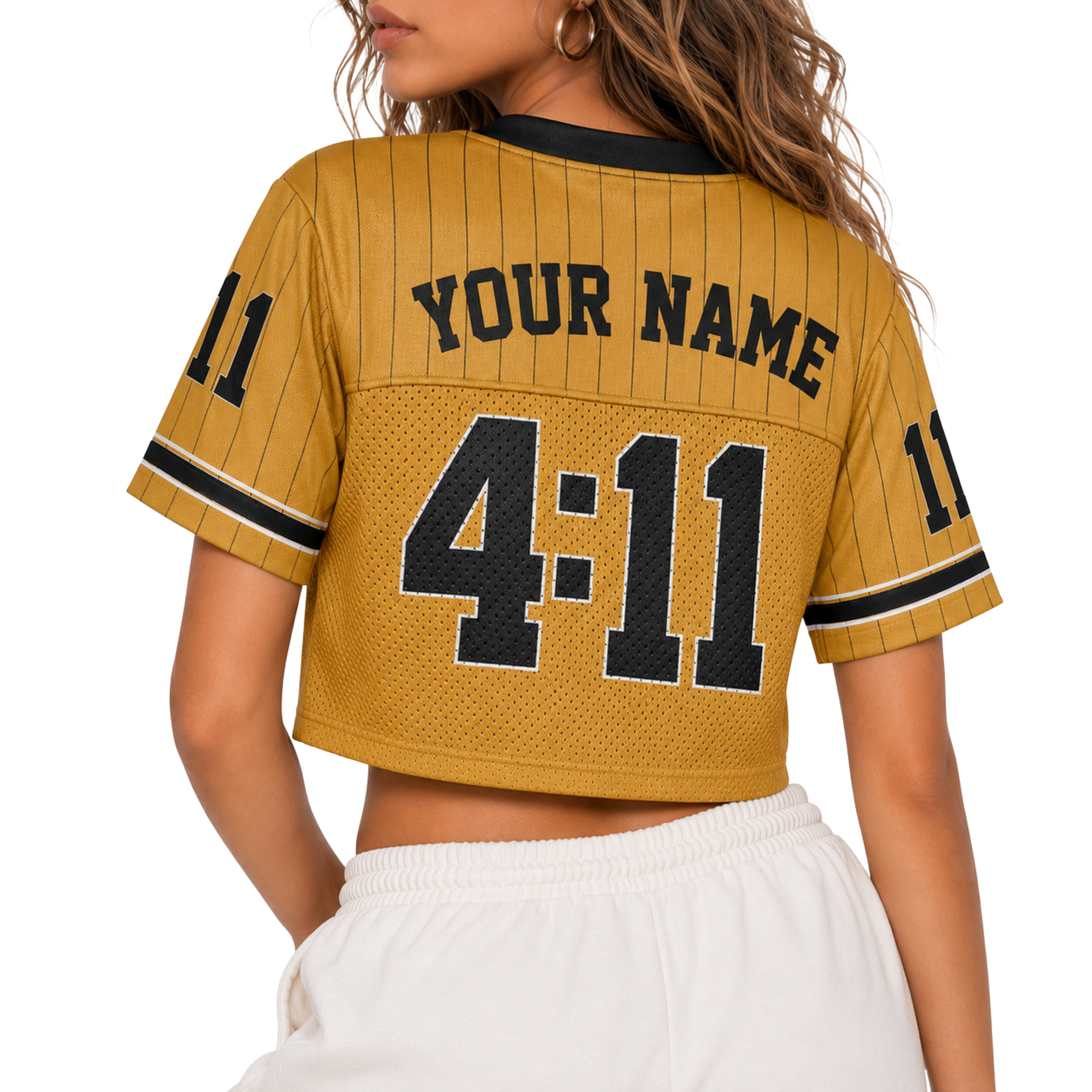 Custom Christian Crop Football Jersey, Gold Pinstripe, Personalized Name and Number