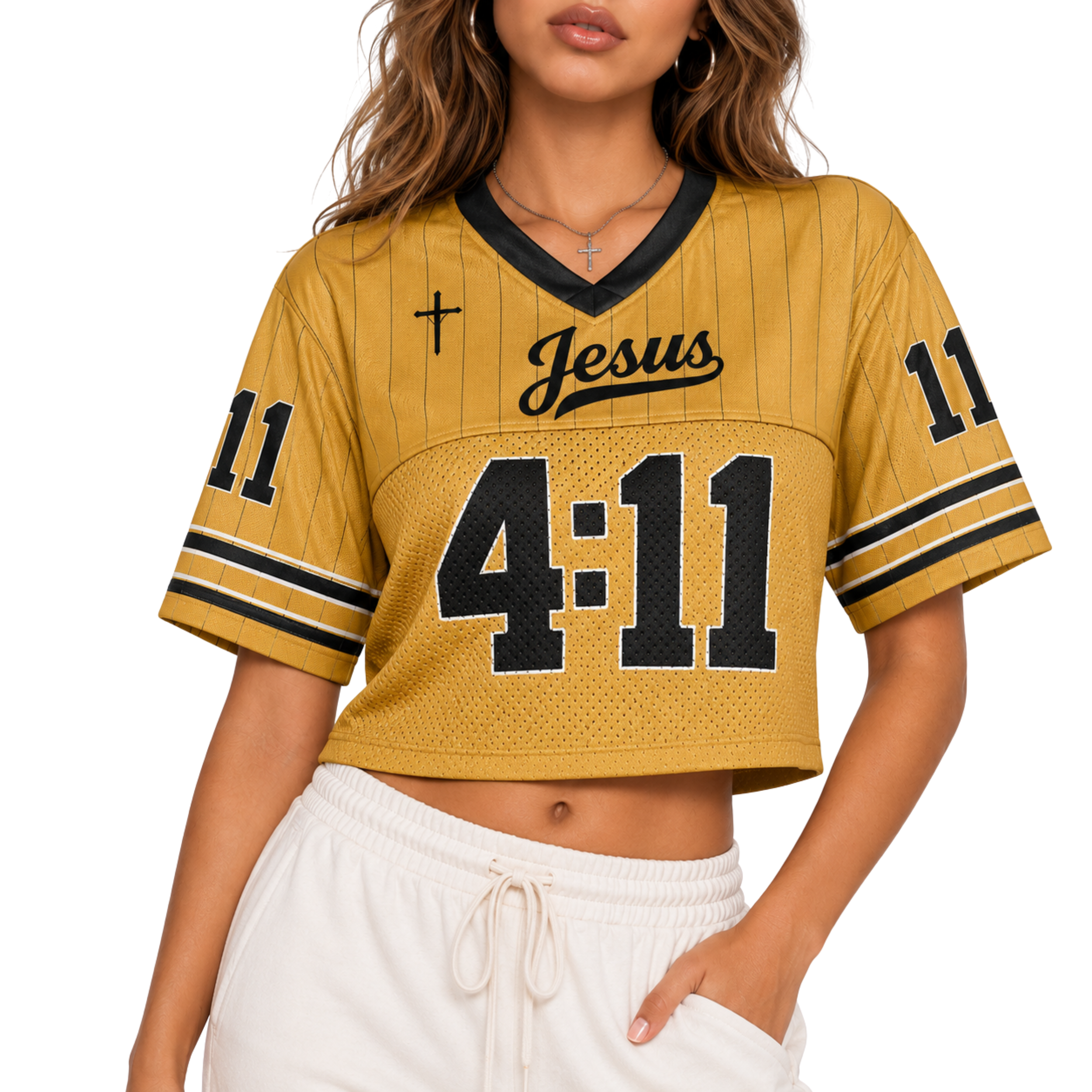 Custom Christian Crop Football Jersey, Gold Pinstripe, Personalized Name and Number
