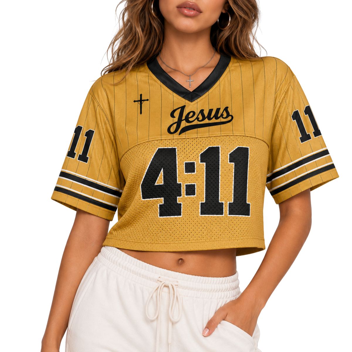 Custom Christian Crop Football Jersey, Gold Pinstripe, Personalized Name and Number