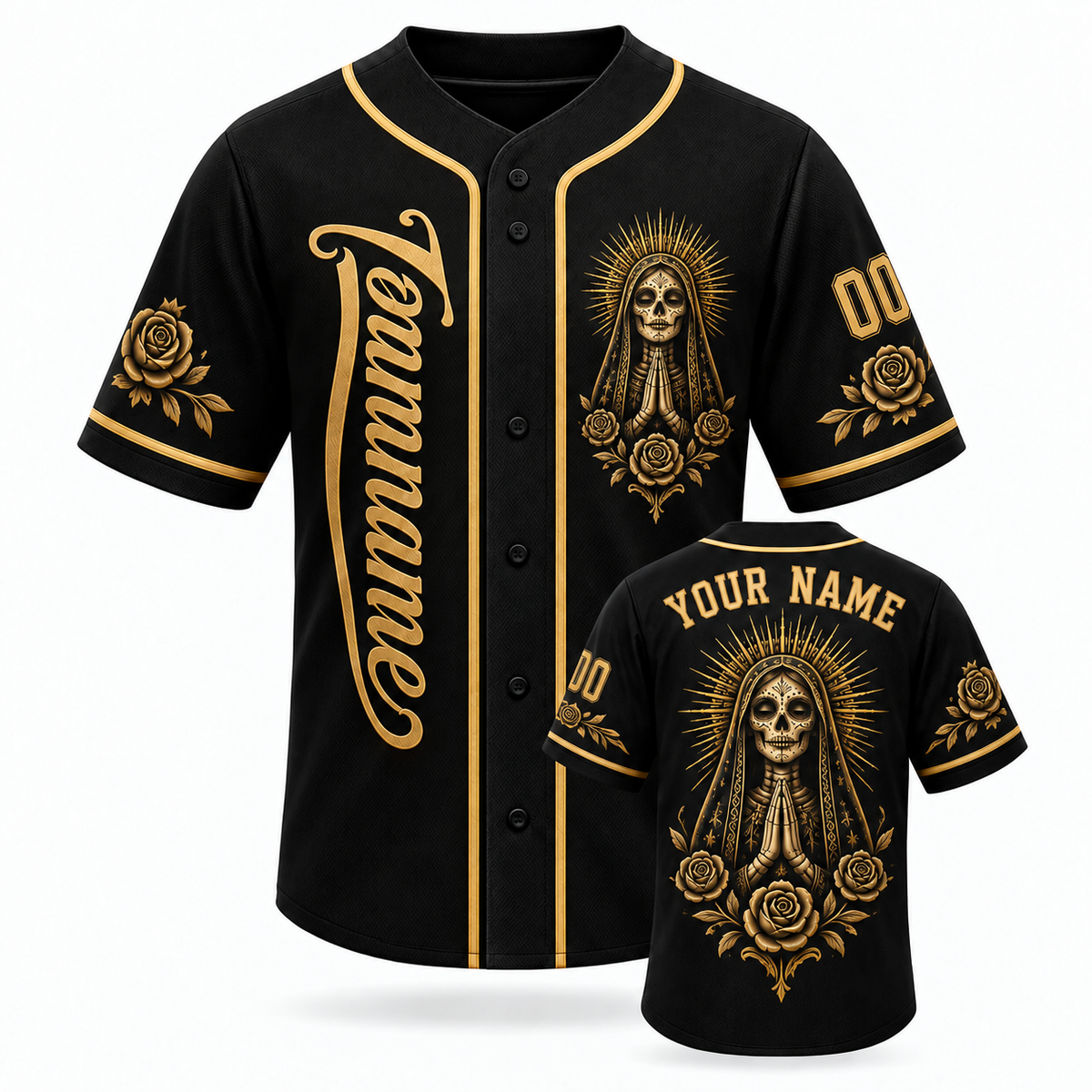 Personalized Santa Muerte Baseball Jersey – Black Gold Custom Name & Number Skull Rose Jersey