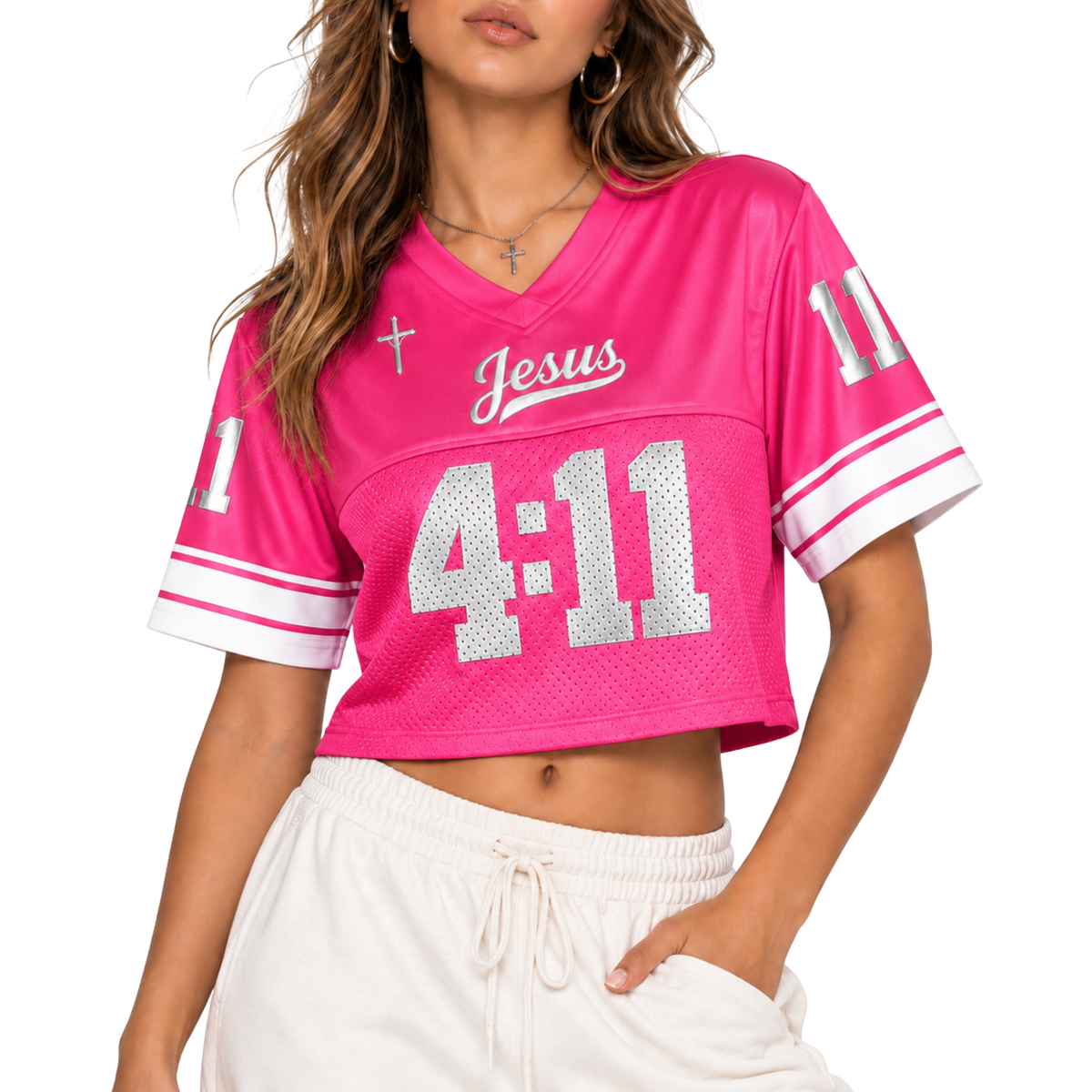 Custom Christian Crop Football Jersey, Hot Pink White, Personalized Name and Number