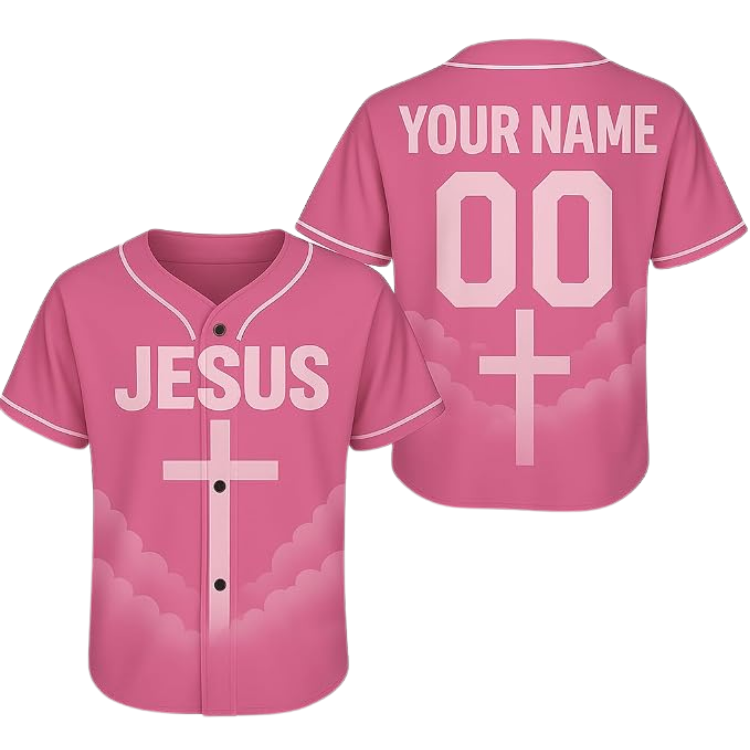 Custom Religious Baseball Jersey – Jesus and Pink Clouds Christian Design Add Your Name