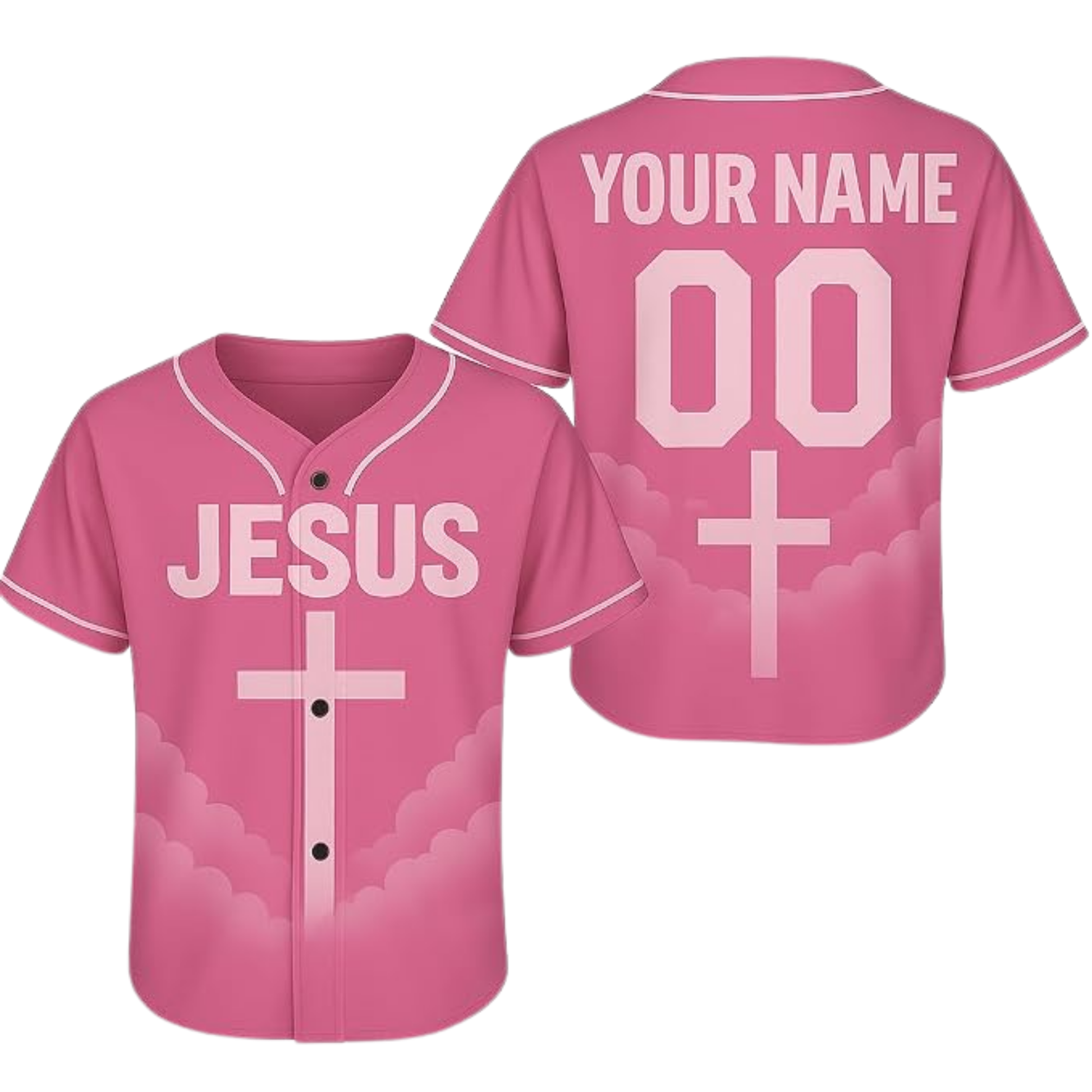 Custom Religious Baseball Jersey – Jesus and Pink Clouds Christian Design Add Your Name