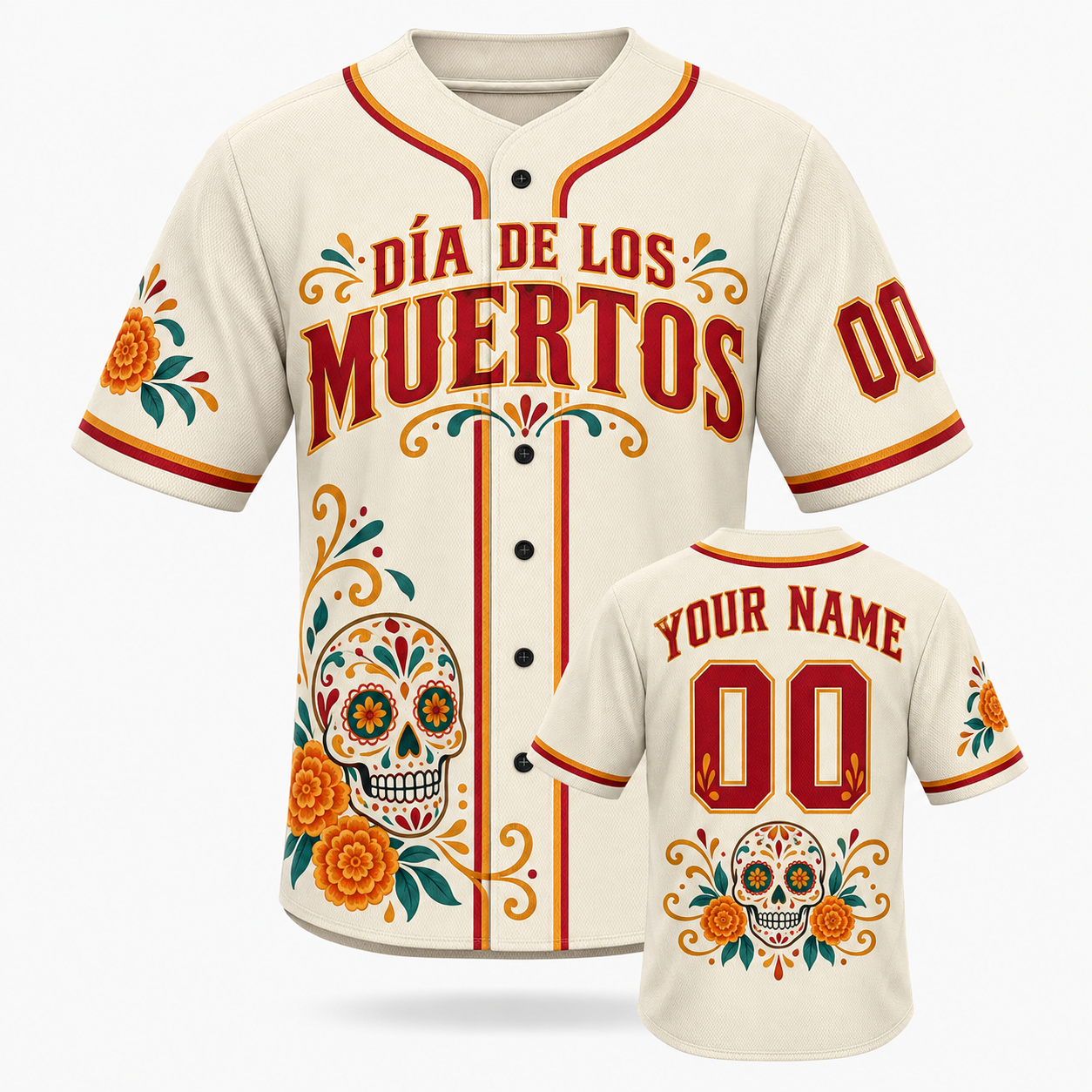 Personalized Día de los Muertos Baseball Jersey – Custom Name & Number Floral Sugar Skull Jersey
