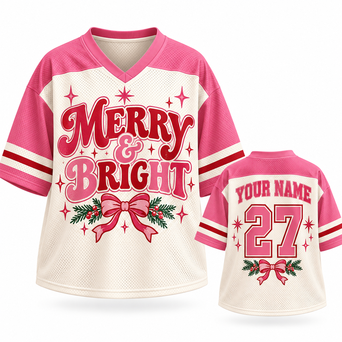 Merry & Bright Christmas Football Jersey - Personalized Pink Holiday Shirt Add Your Name and Number