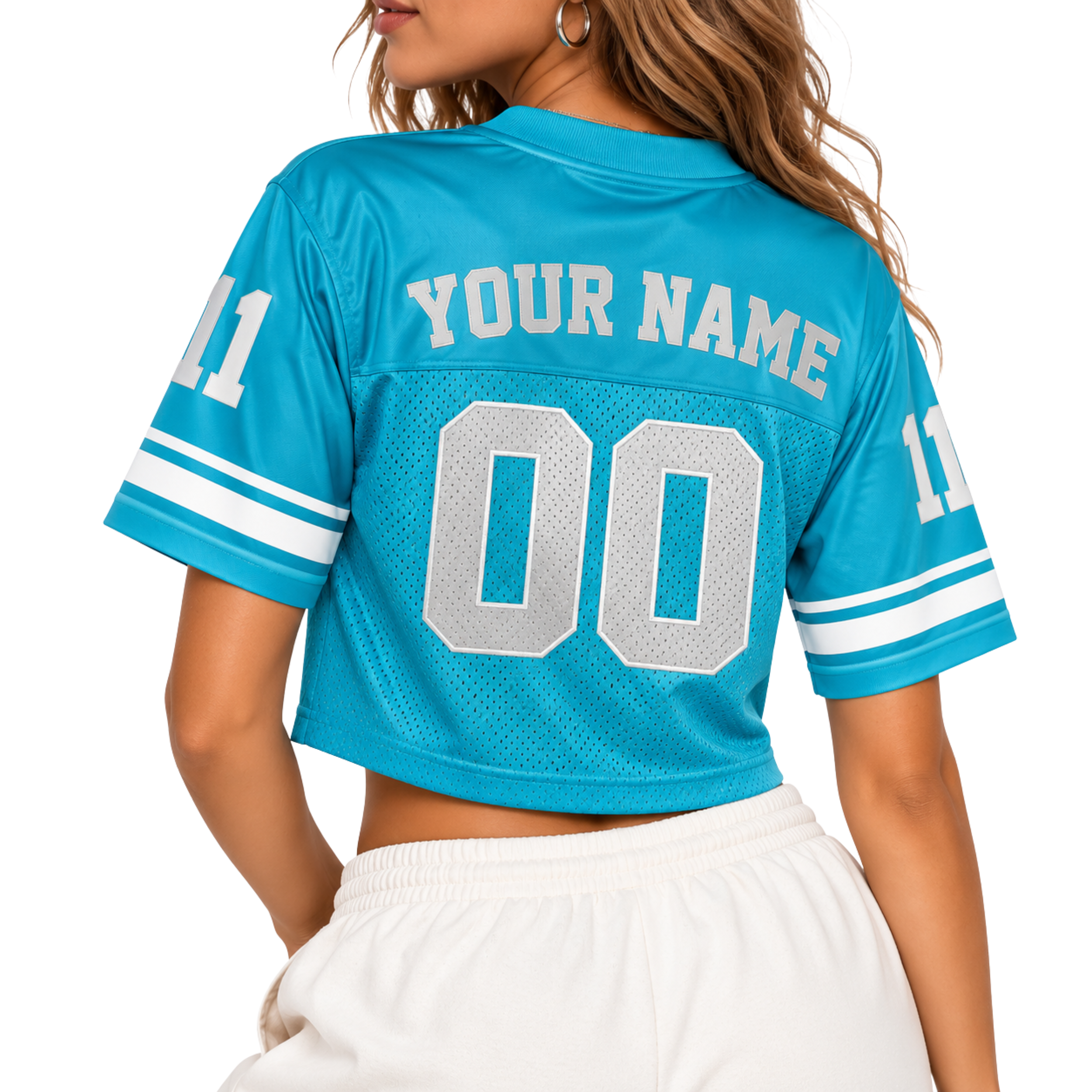Custom Christian Crop Football Jersey, Aqua Blue White, Personalized Name and Number