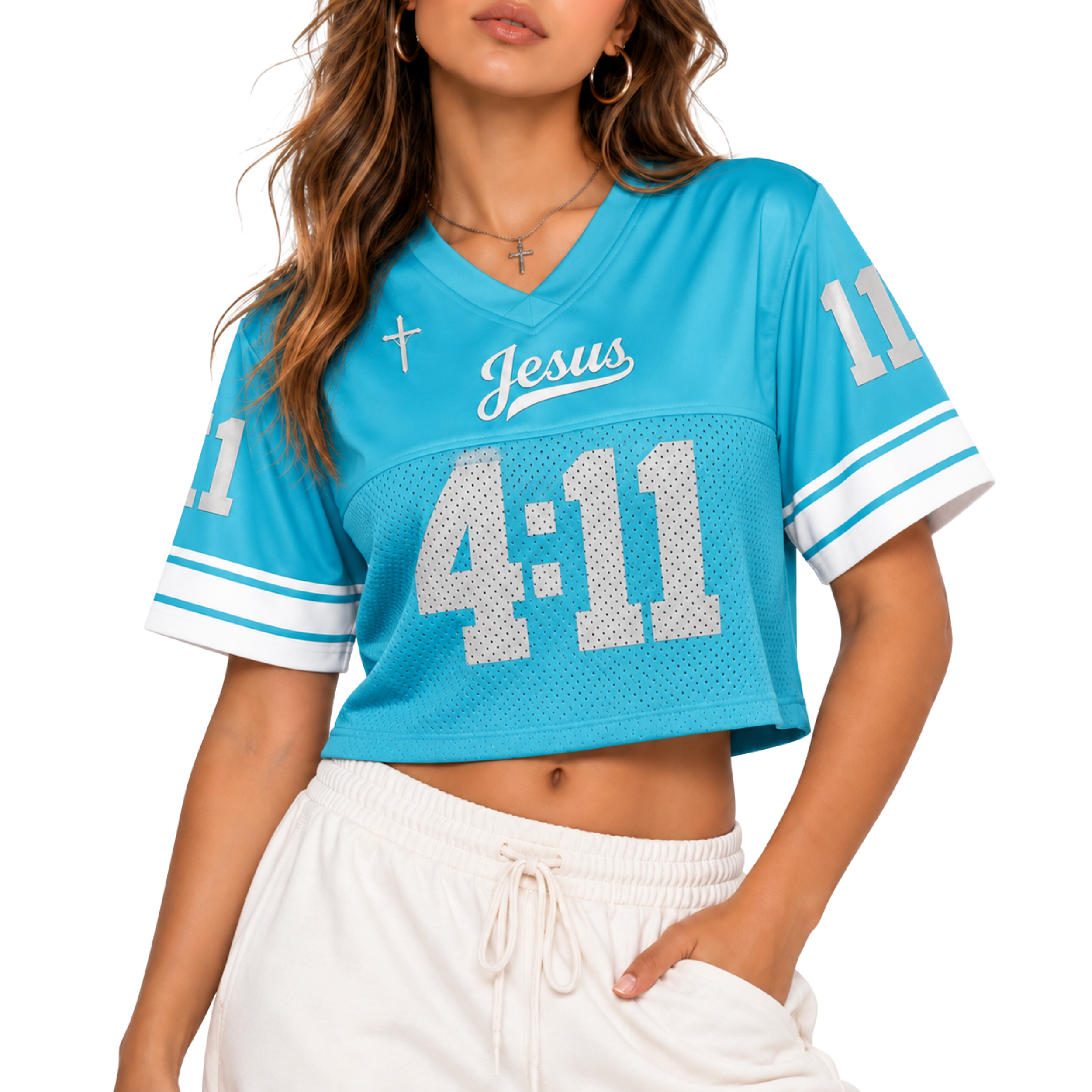 Custom Christian Crop Football Jersey, Aqua Blue White, Personalized Name and Number