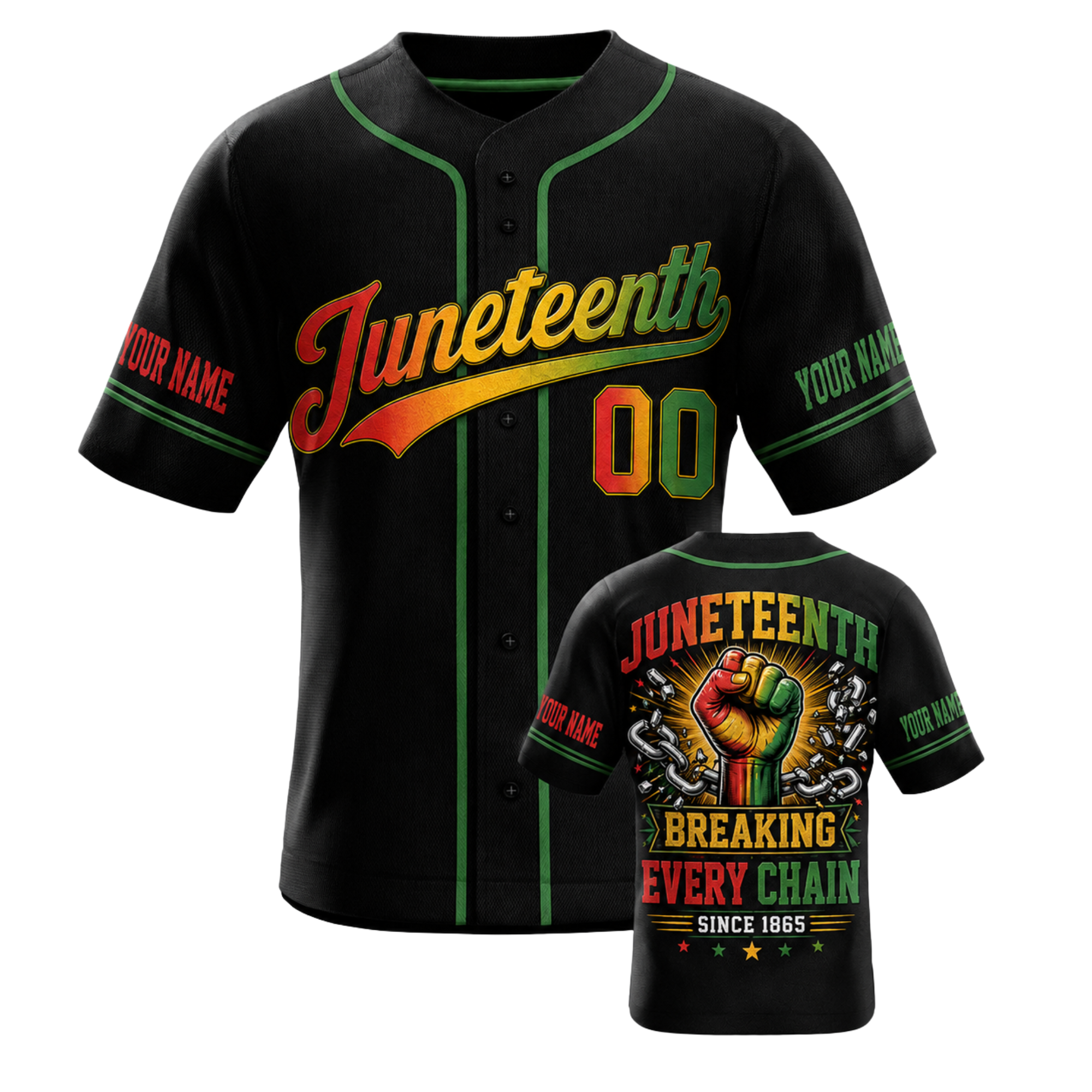 Custom Juneteenth Baseball Jersey Black and Green Piping - Add Your Name and Number