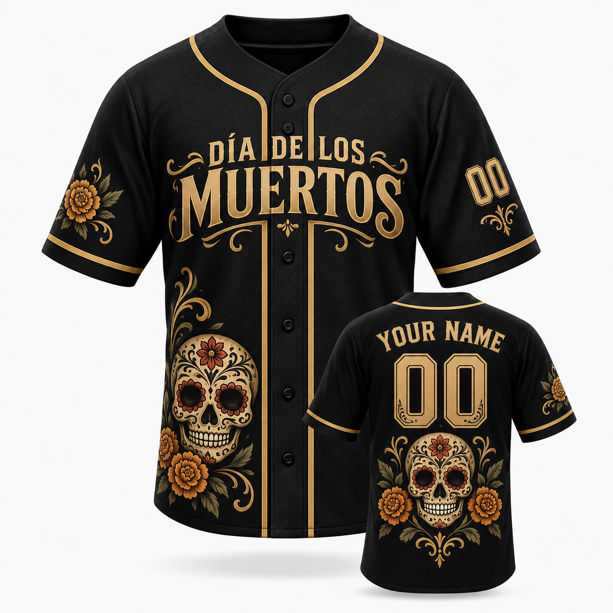 Personalized Día de los Muertos Baseball Jersey – Black Gold Custom Name & Number Sugar Skull Jersey