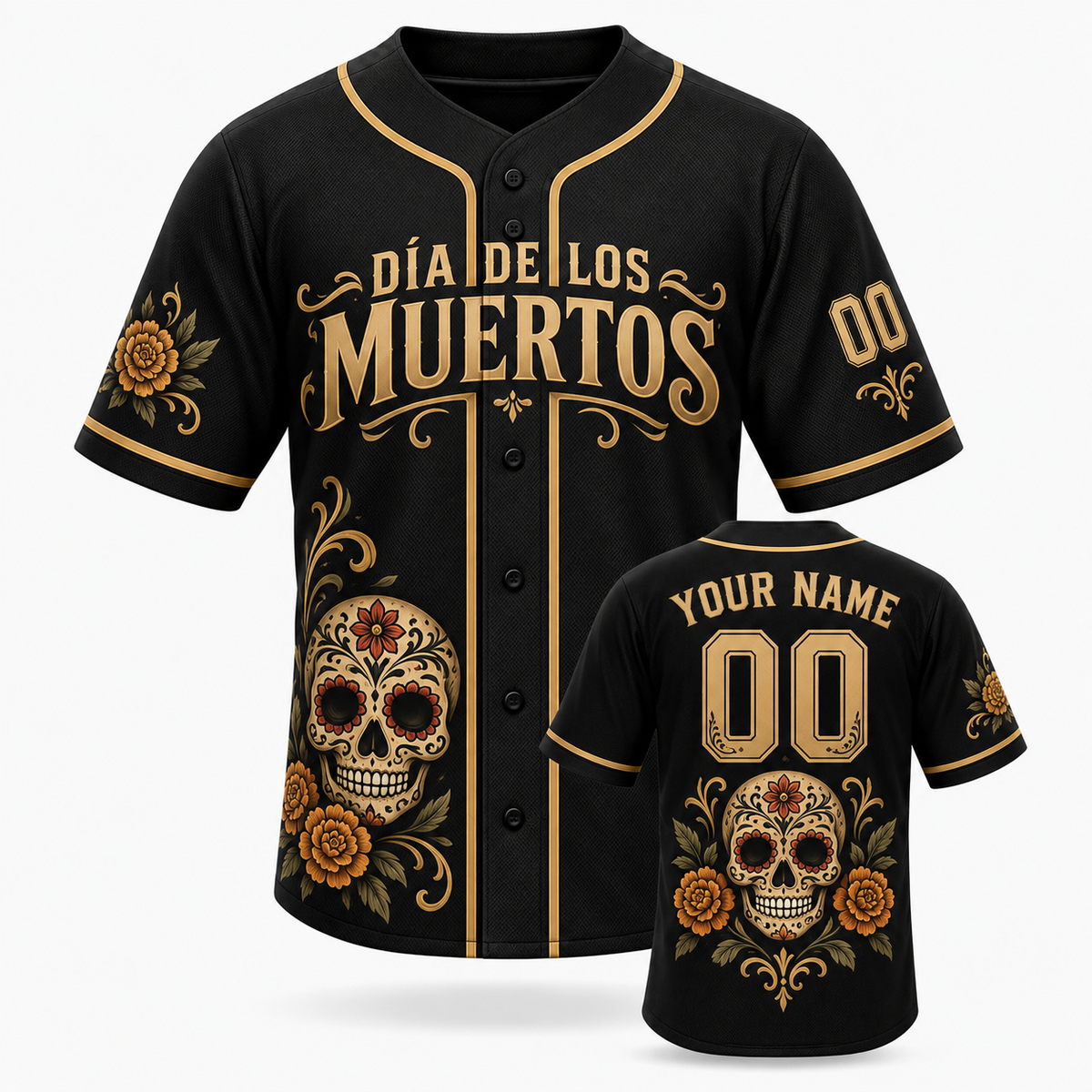 Personalized Día de los Muertos Baseball Jersey – Black Gold Custom Name & Number Sugar Skull Jersey