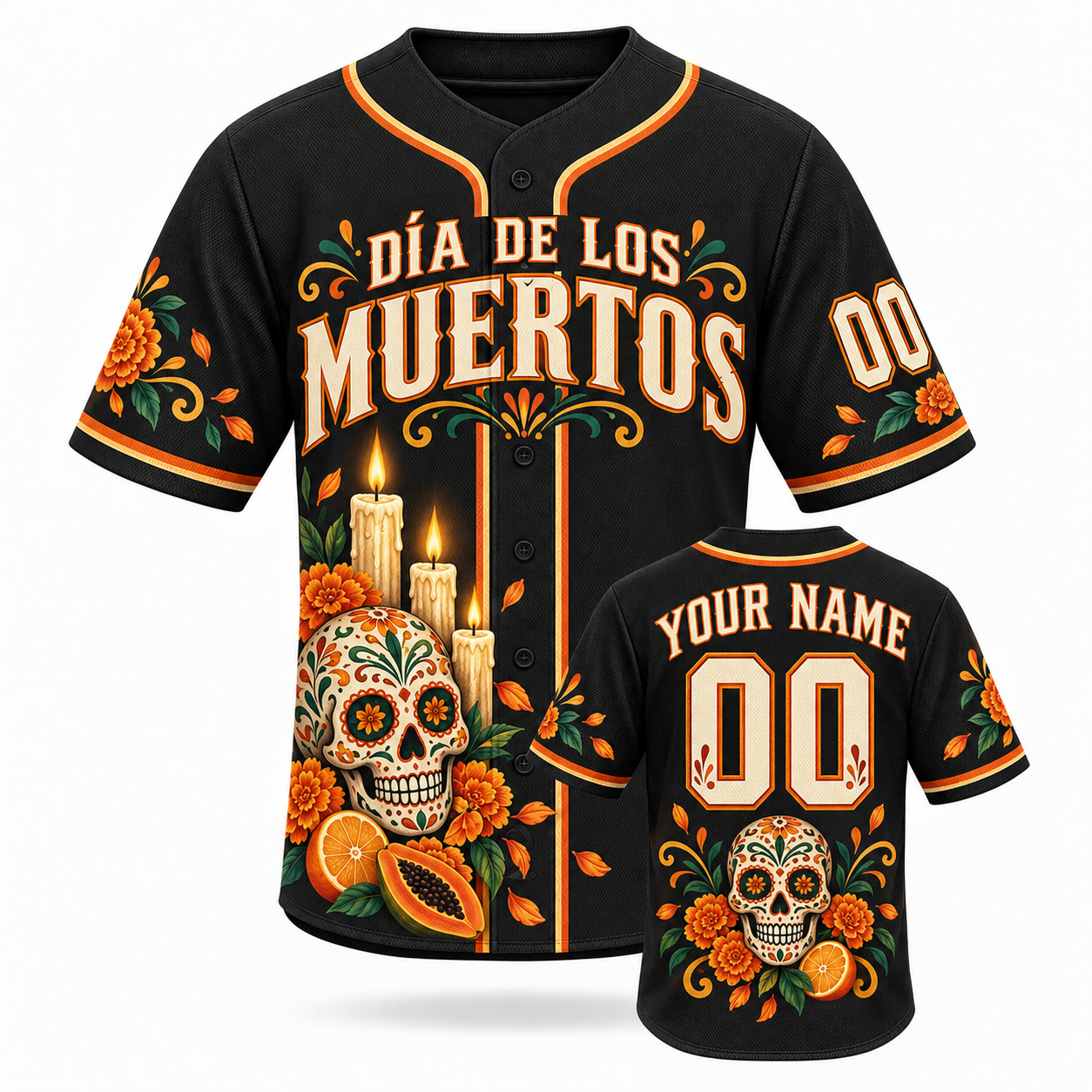 Personalized Día de los Muertos Baseball Jersey – Black Orange Custom Name & Number Sugar Skull Jersey