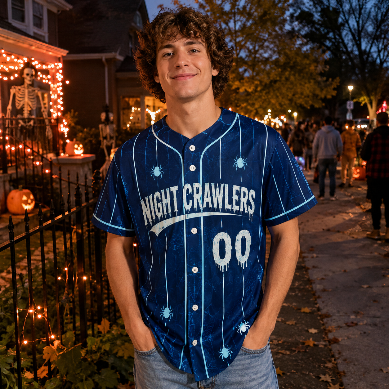 Custom Halloween Baseball Jersey - Navy Moonlit Mayhem Name Number