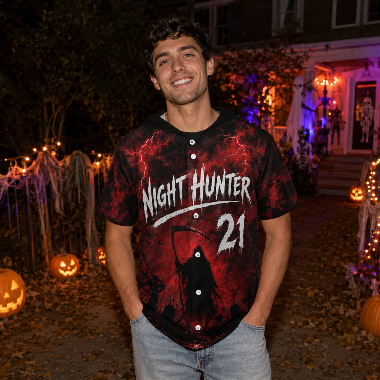 Custom Halloween Baseball Jersey - Red Night Hunter Name Number