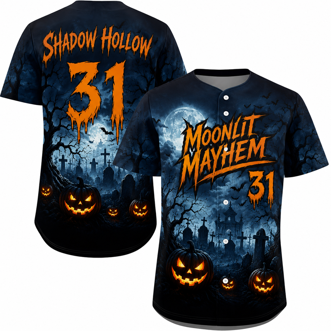 Custom Halloween Baseball Jersey - Navy Moonlit Mayhem Name Number
