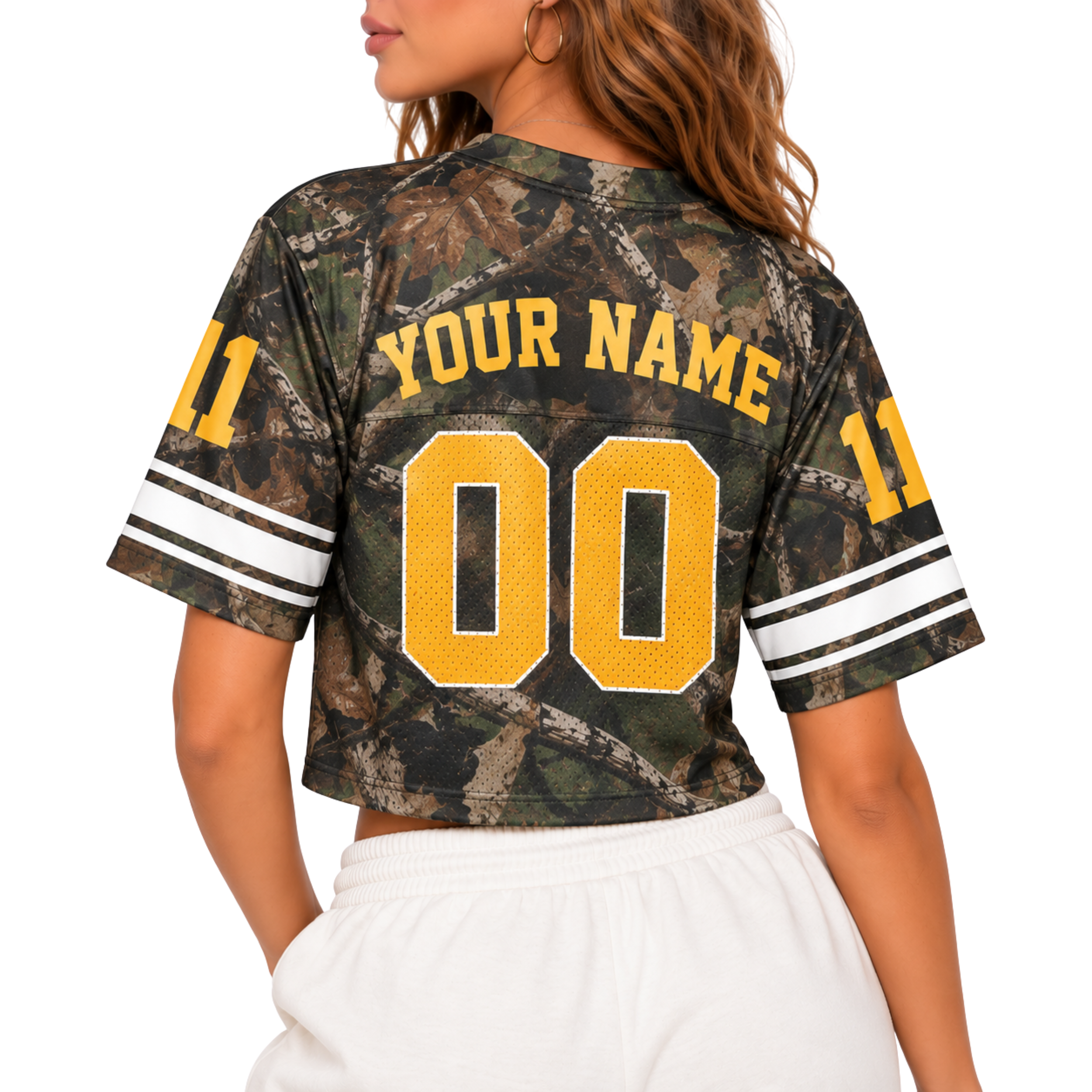 Custom Christian Crop Football Jersey, Woodland Camo, Personalized Name and Number