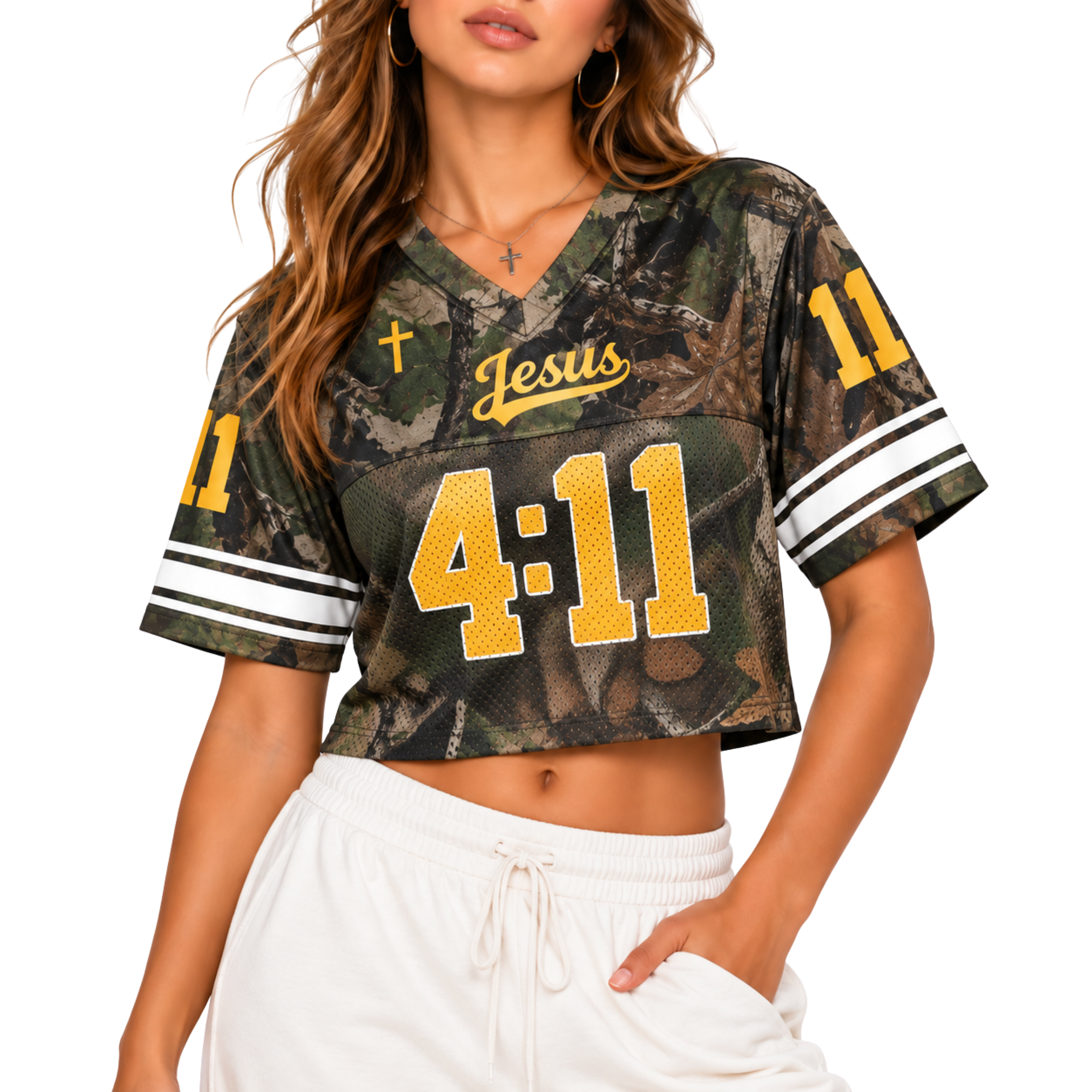 Custom Christian Crop Football Jersey, Woodland Camo, Personalized Name and Number