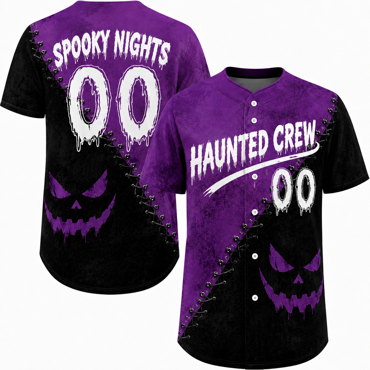Custom Halloween Baseball Jersey - Purple Haunted Crew Name Number