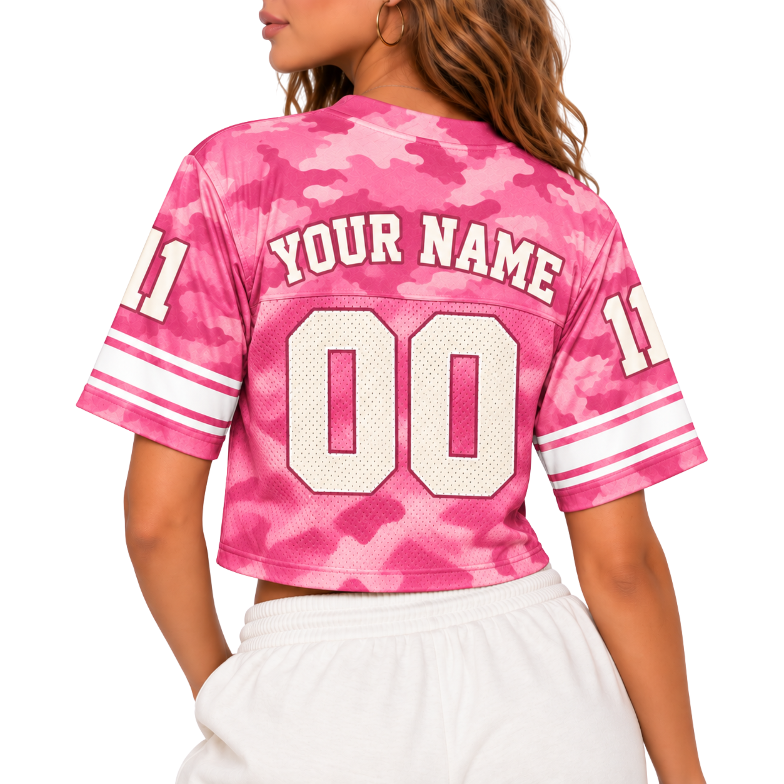 Custom Christian Crop Football Jersey, Pink Camo, Personalized Name and Number