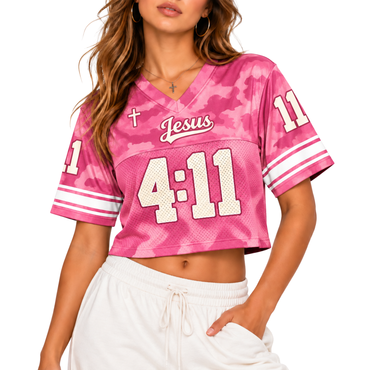 Custom Christian Crop Football Jersey, Pink Camo, Personalized Name and Number