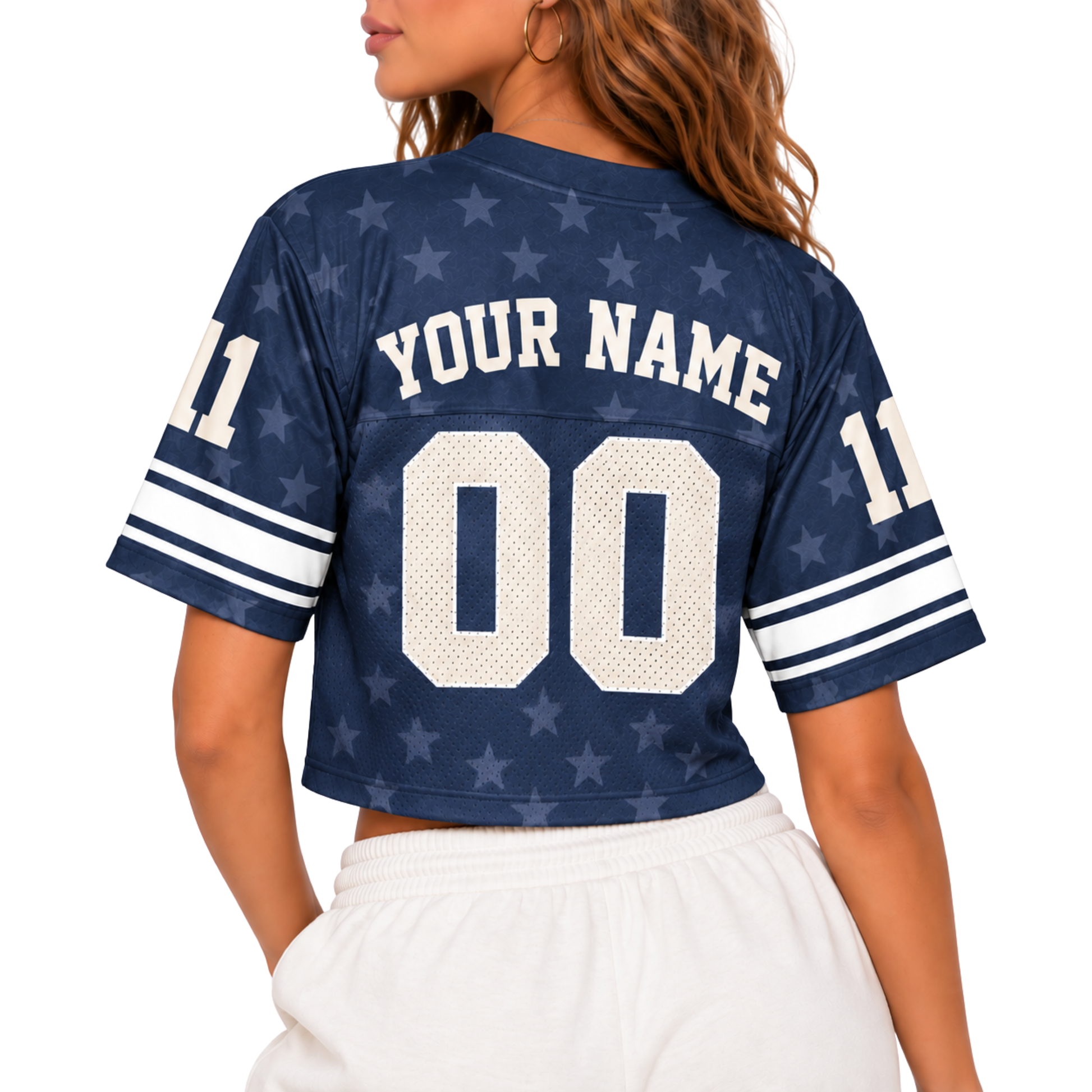 Custom Christian Crop Football Jersey, Navy Star Print, Personalized Name and Number