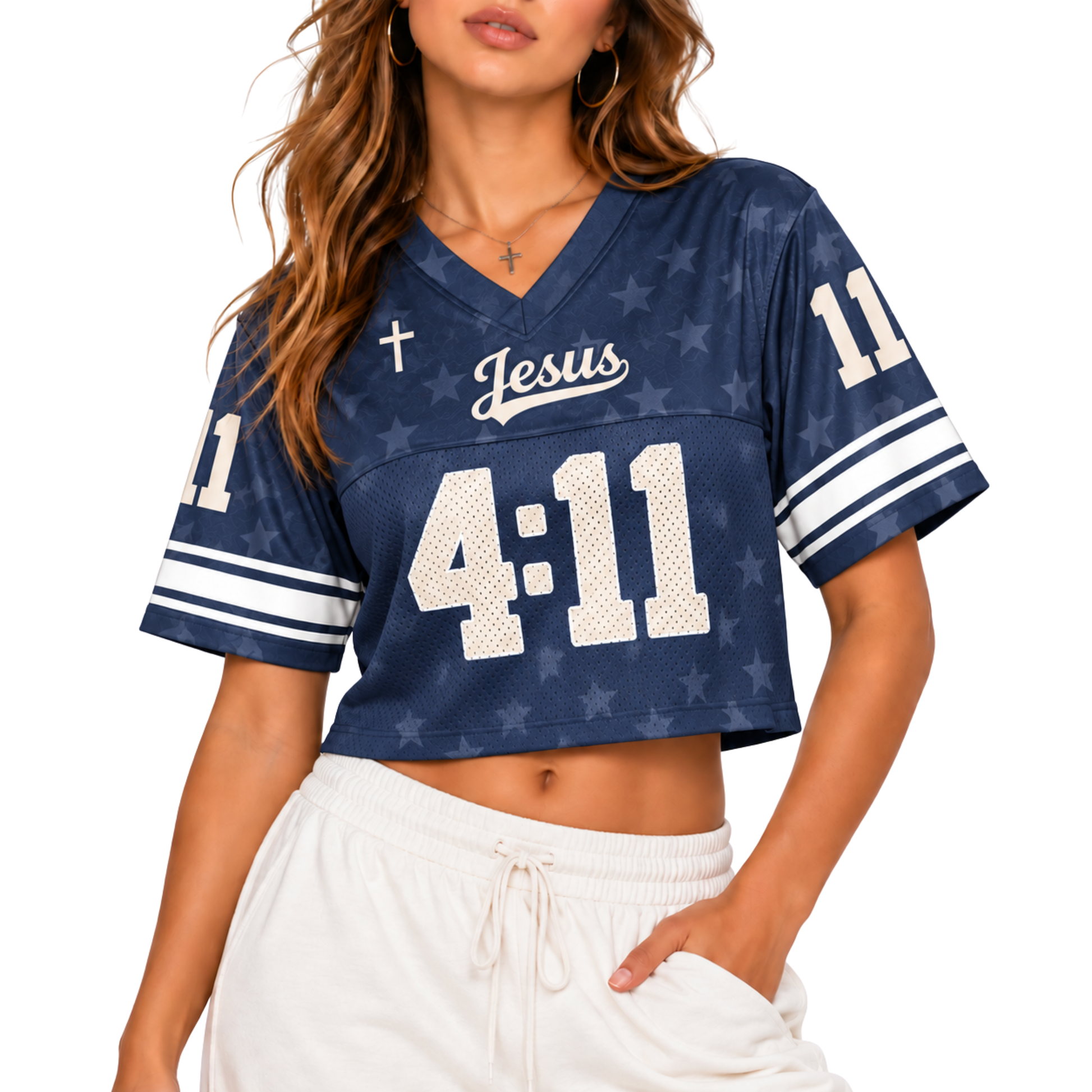 Custom Christian Crop Football Jersey, Navy Star Print, Personalized Name and Number