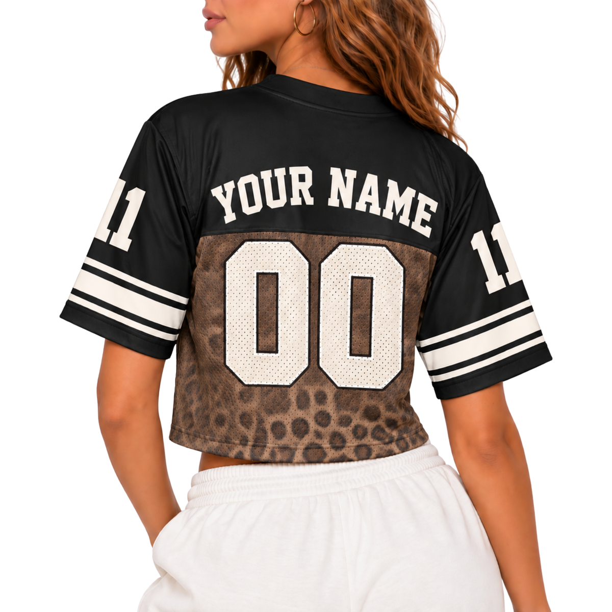 Custom Christian Crop Football Jersey, Black Leopard, Personalized Name and Number