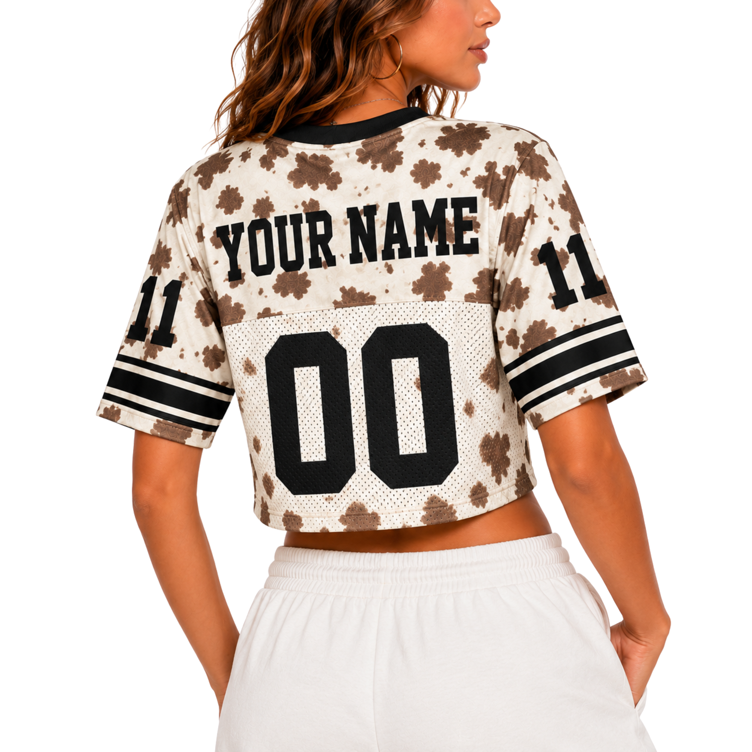 Custom Christian Crop Football Jersey, Brown Cow Print, Personalized Name and Number