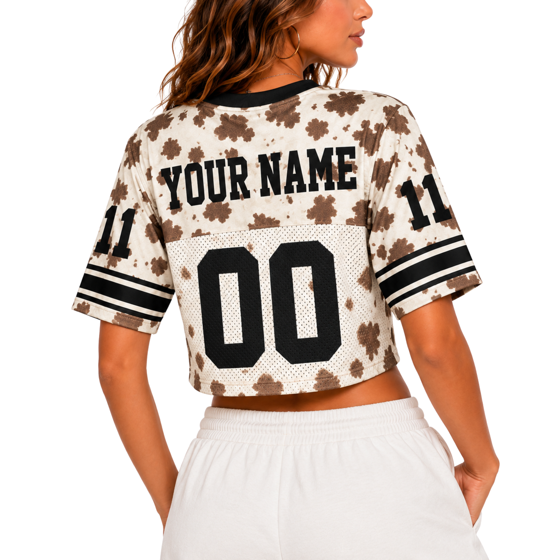 Custom Christian Crop Football Jersey, Brown Cow Print, Personalized Name and Number