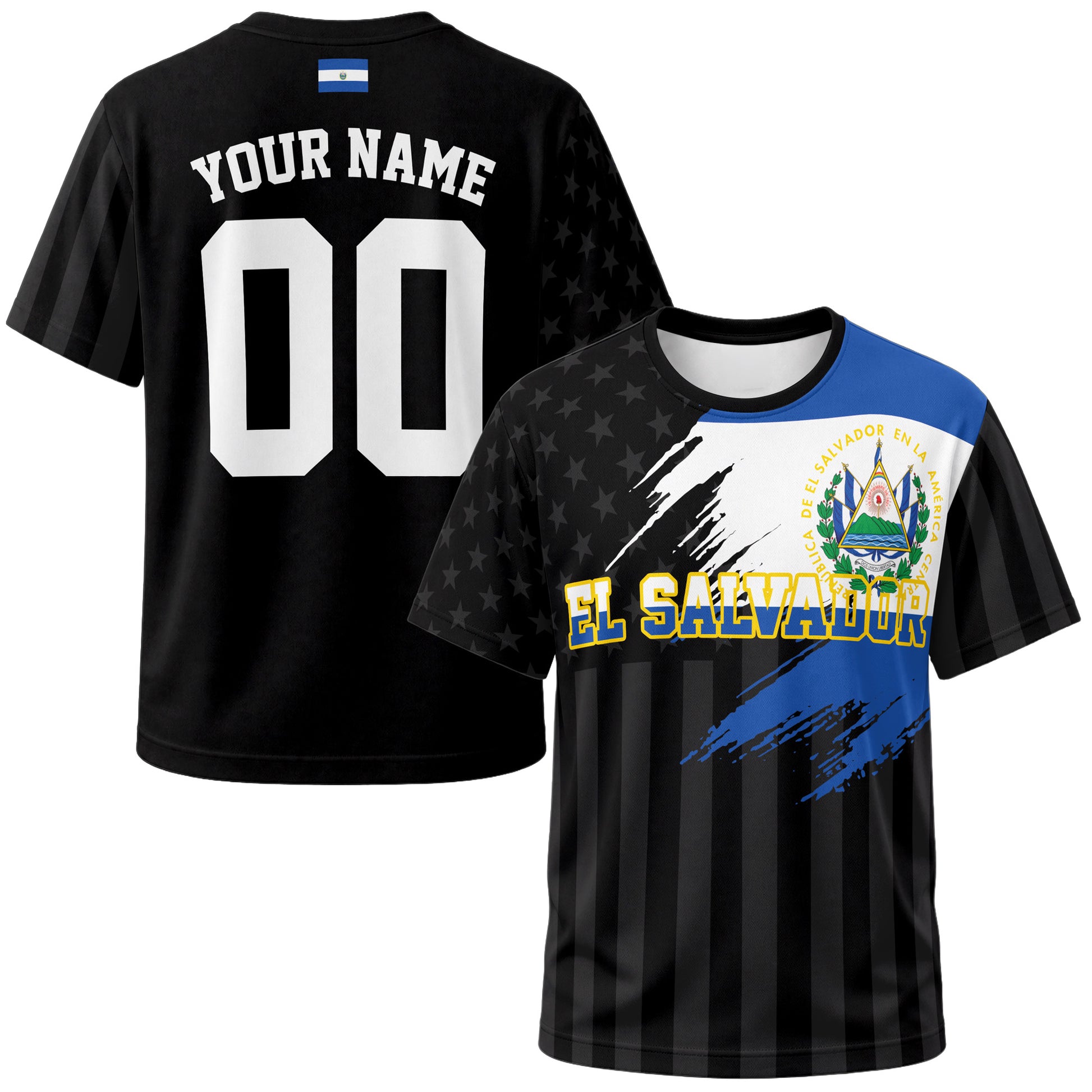 Custom El Salvador Soccer Jersey Salvadoran Fan Flag Black – Personalized Name Number
