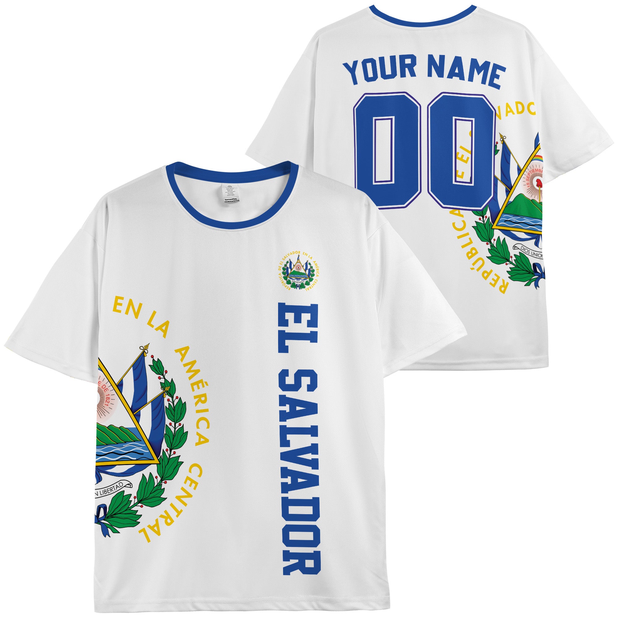 Custom El Salvador Soccer Jersey Salvadoran Fan Crest Arc - Personalized Name Number