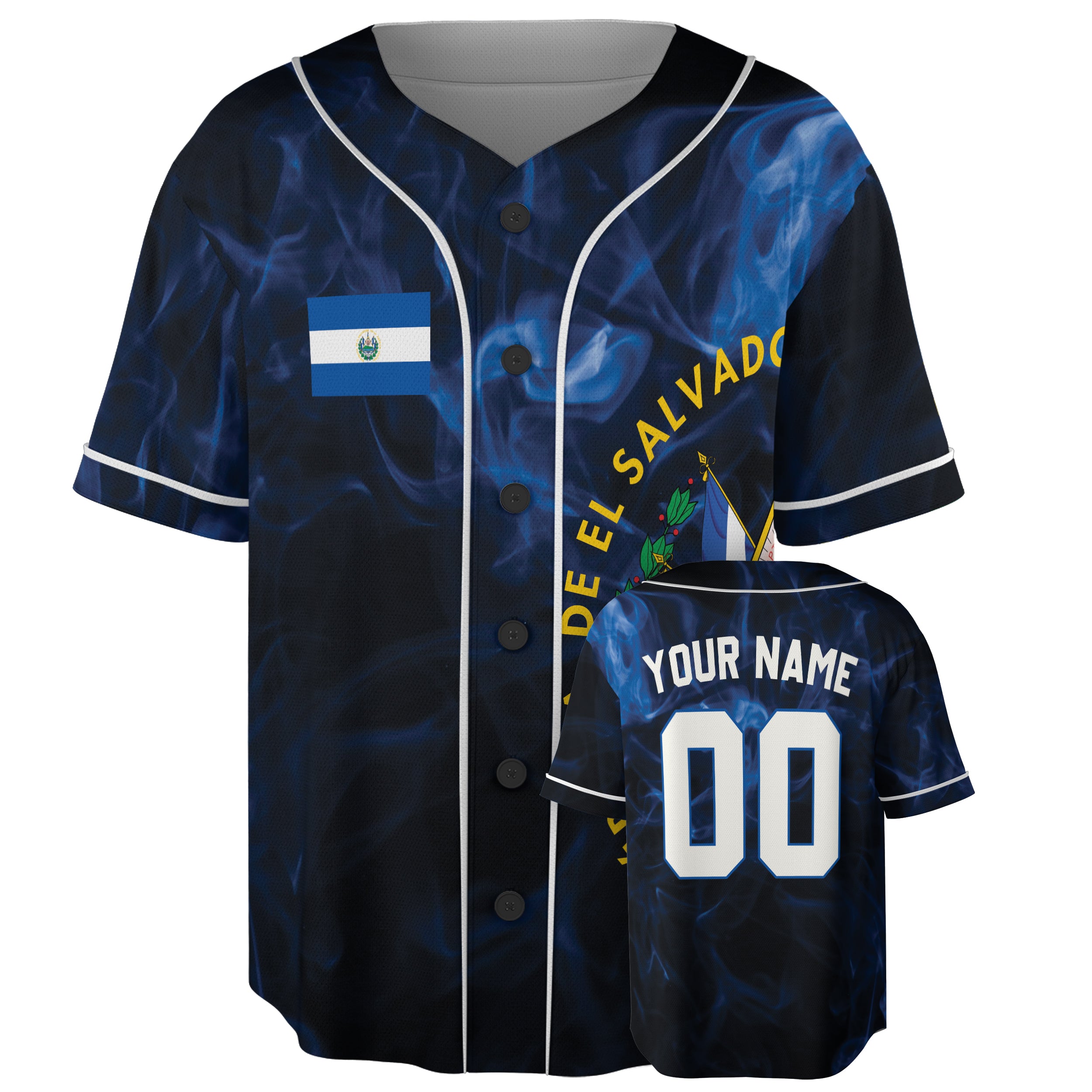 Custom El Salvador Baseball Jersey Salvadoran Fan Midnight Flame – Personalized Name Number