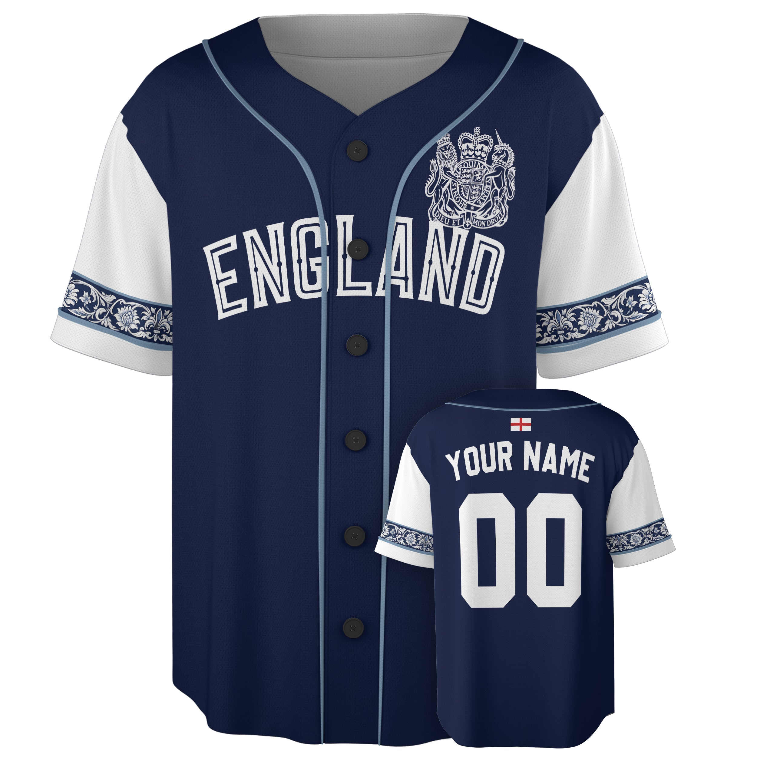 Custom England Baseball Jersey English Fan Royal Crest – Personalized Name Number
