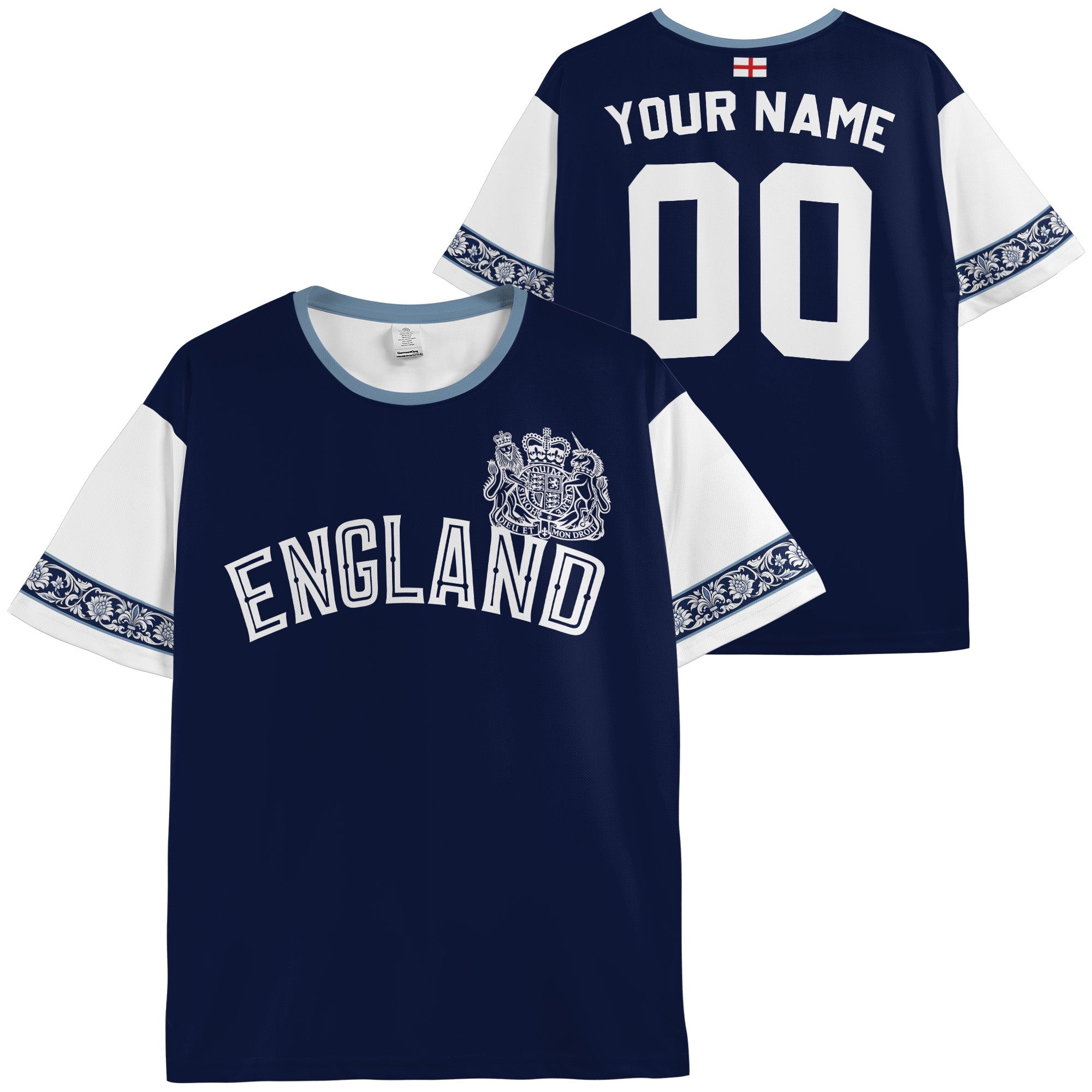 Custom England Soccer Jersey English Fan Royal Crest - Personalized Name Number