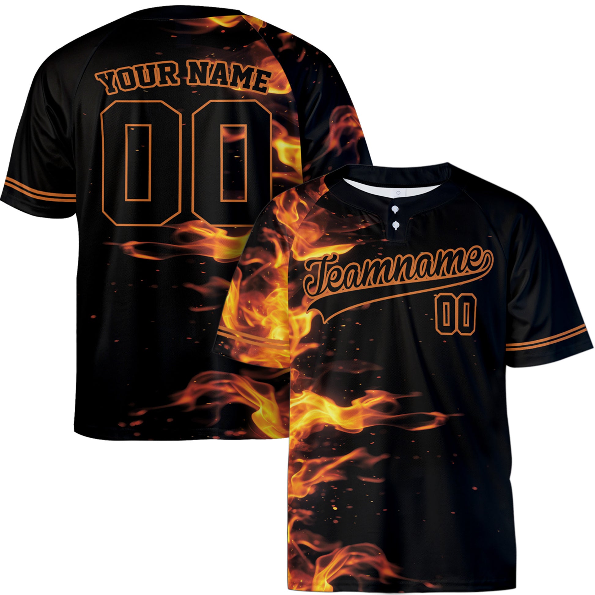 Custom Two Button Softball Jersey Black and Orange Fire – Design Your Own