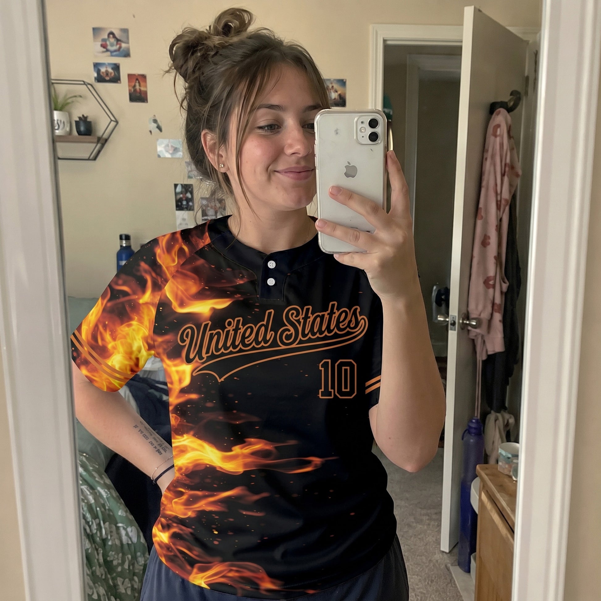 Custom Two Button Softball Jersey Black and Orange Fire – Design Your Own