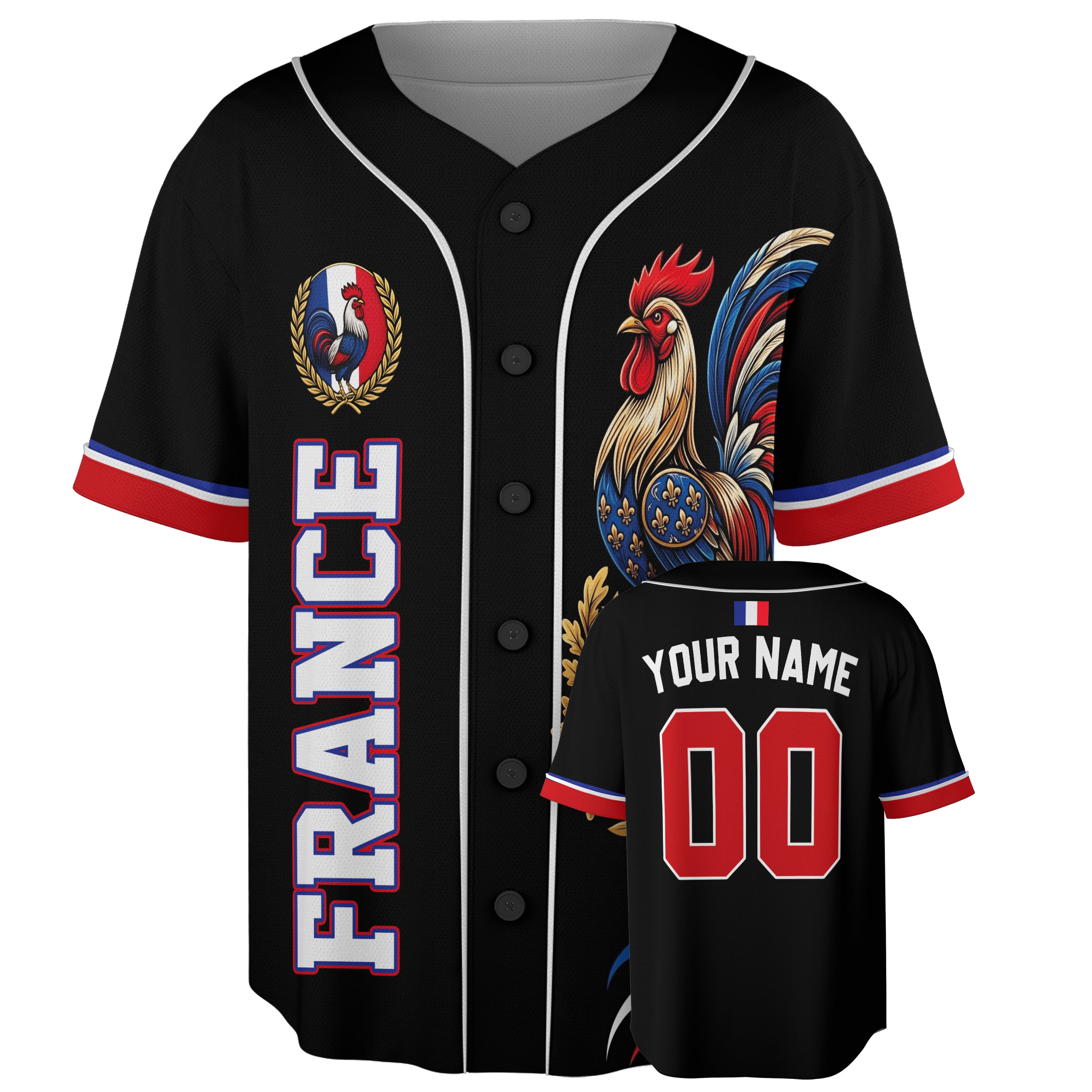 Custom France Baseball Jersey French Fan Rooster Crest – Personalized Name Number