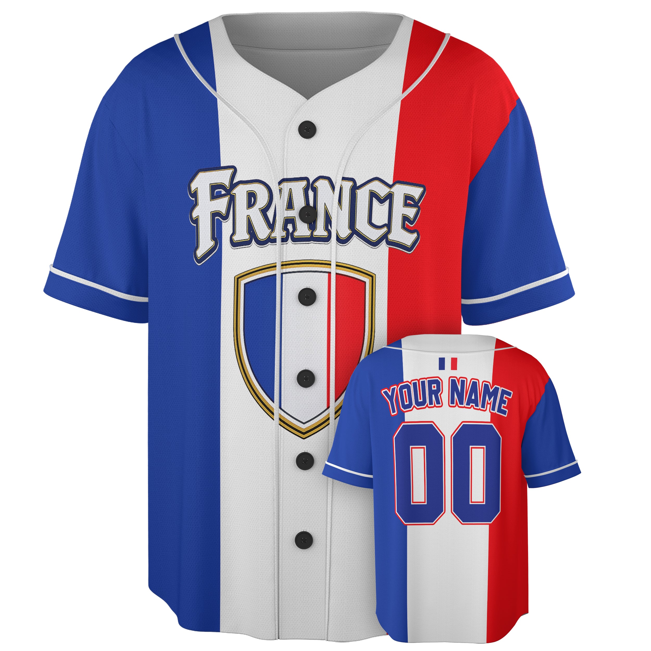 Custom France Baseball Jersey French Fan Crest Tricolor – Personalized Name Number