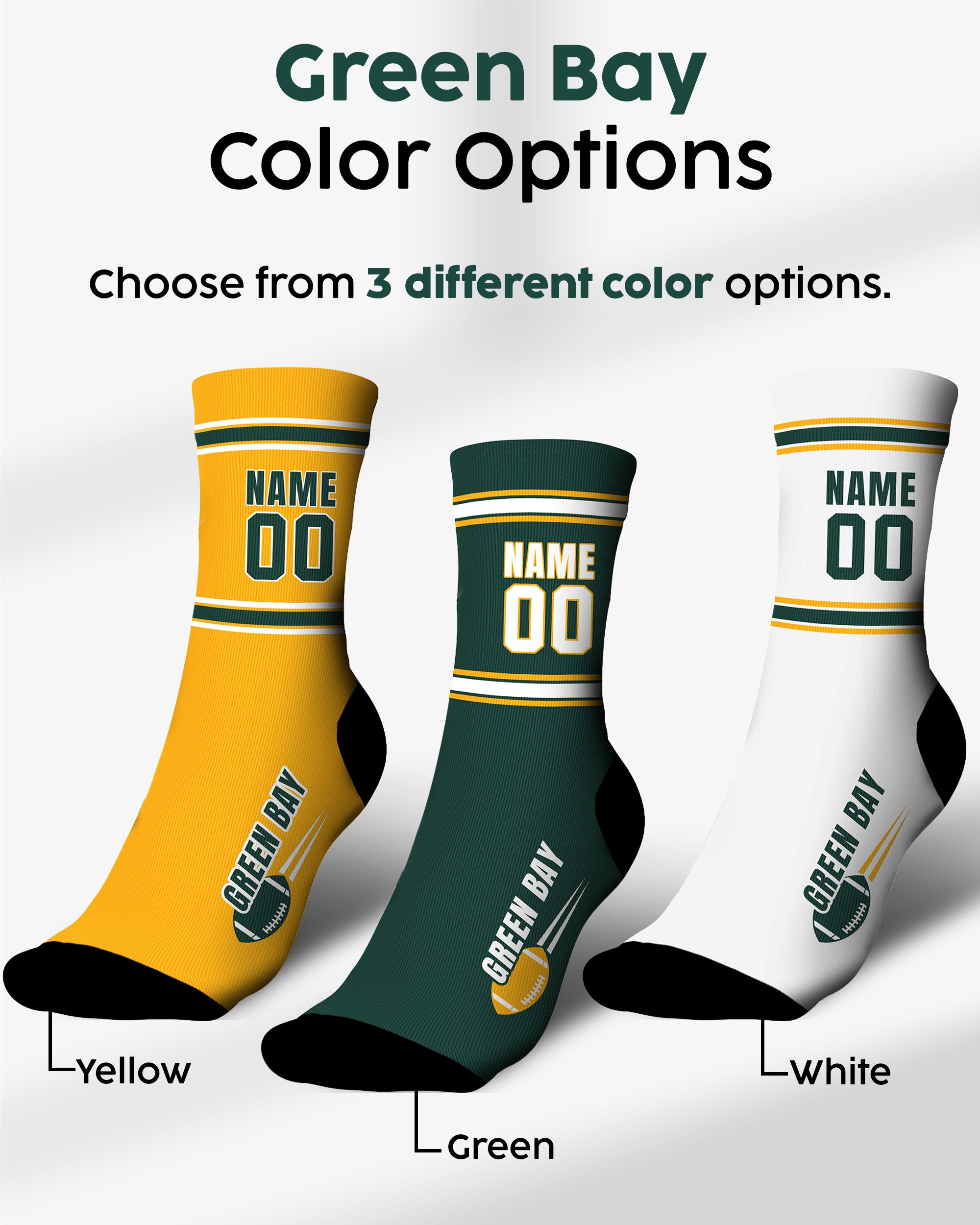 Custom City Sports Socks Green Bay White - Personalized Name Number
