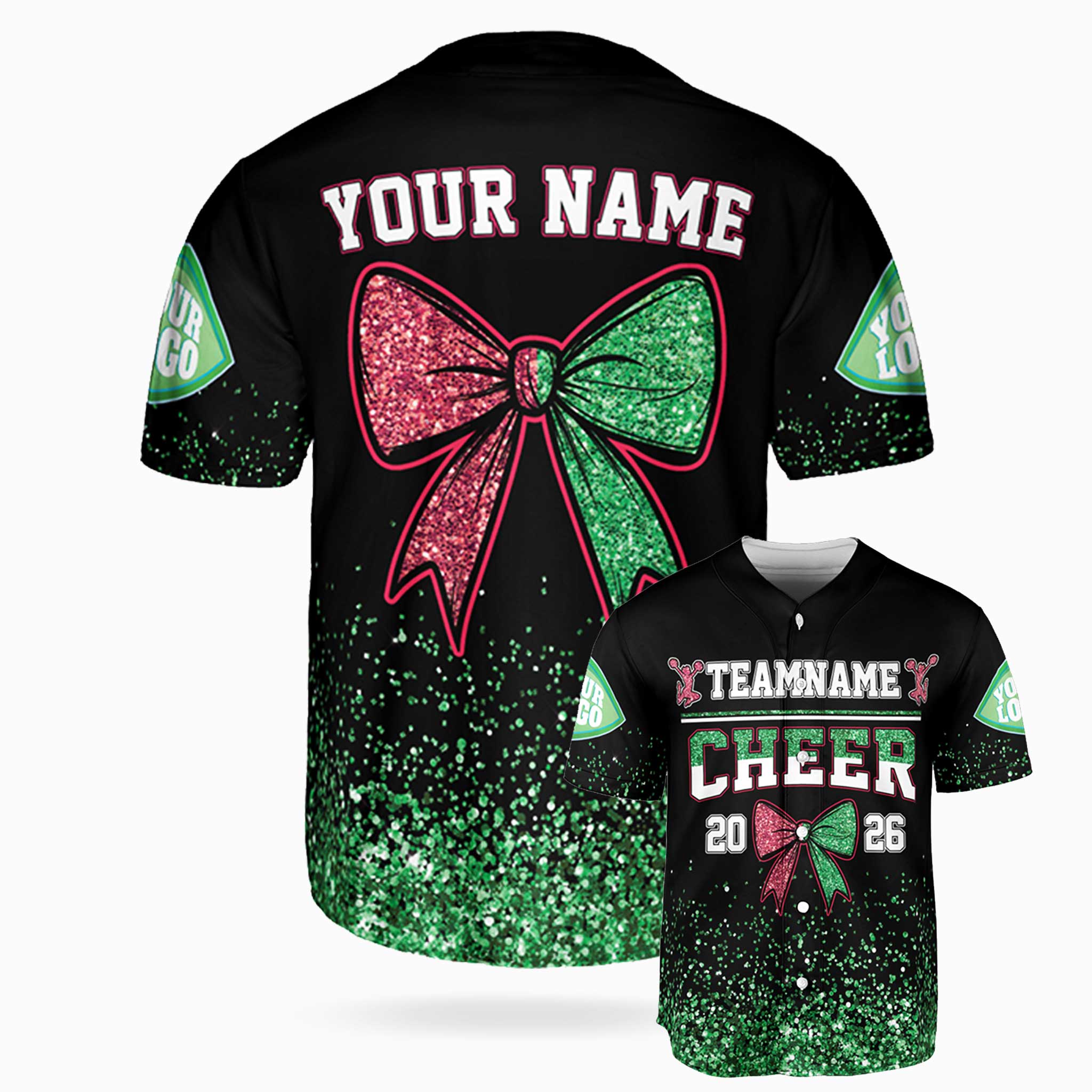 Custom Cheer Baseball Jersey Bow Design Green and Pink - Design Your Own