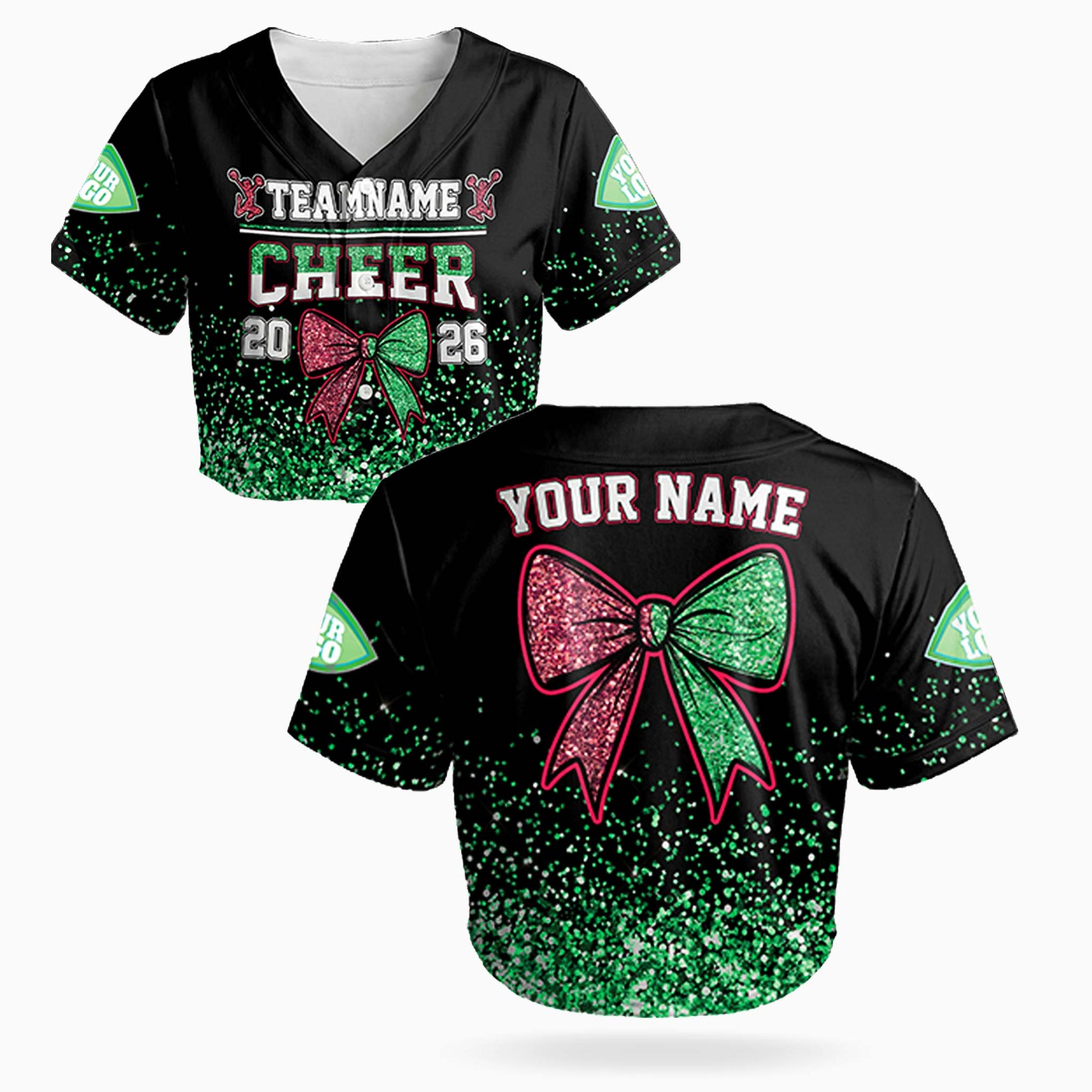 Custom Cheer Crop Baseball Jersey Bow Design Green and Pink - Design Your Own