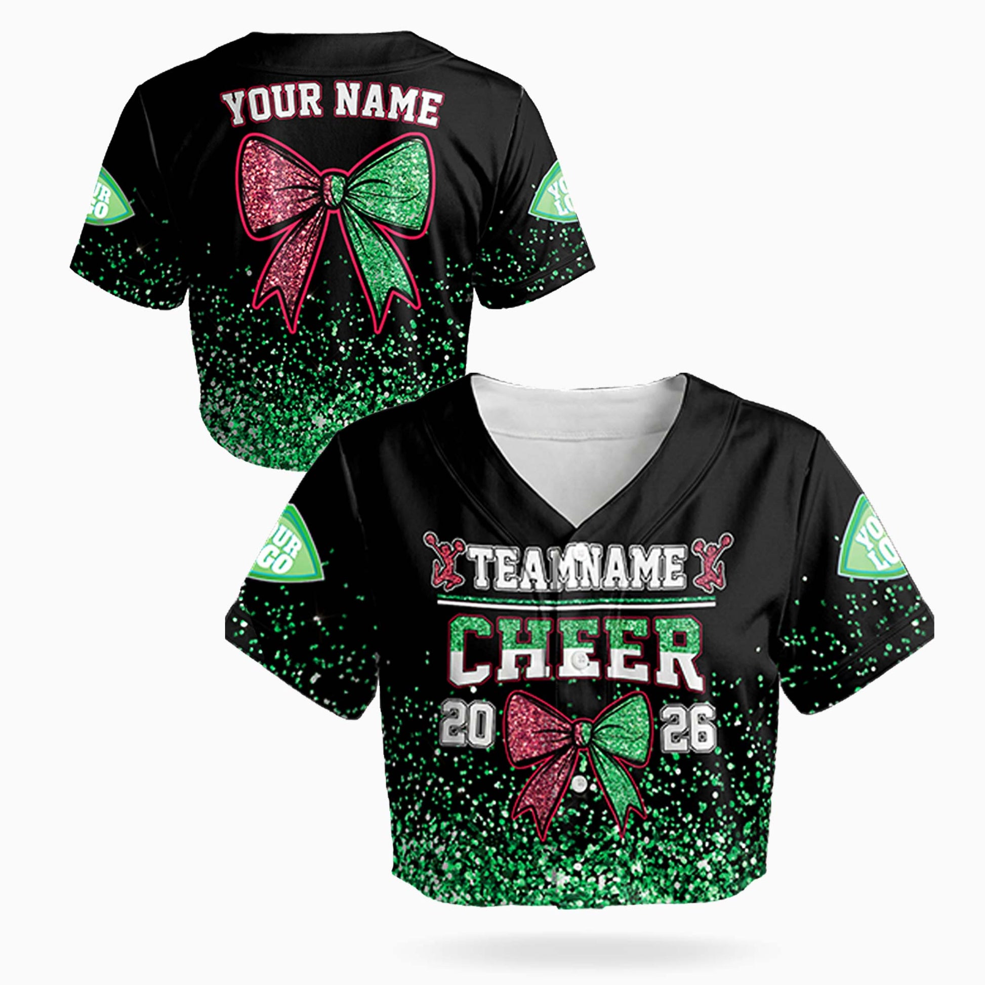 Custom Cheer Crop Baseball Jersey Bow Design Green and Pink - Design Your Own
