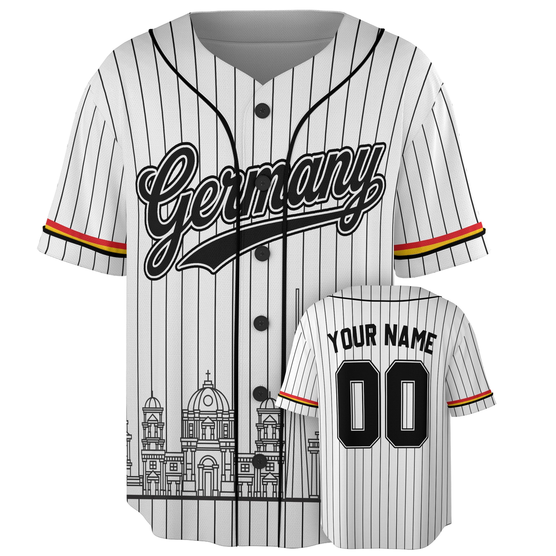 Custom Germany Baseball Jersey German Fan Pinstripe Skyline – Personalized Name Number