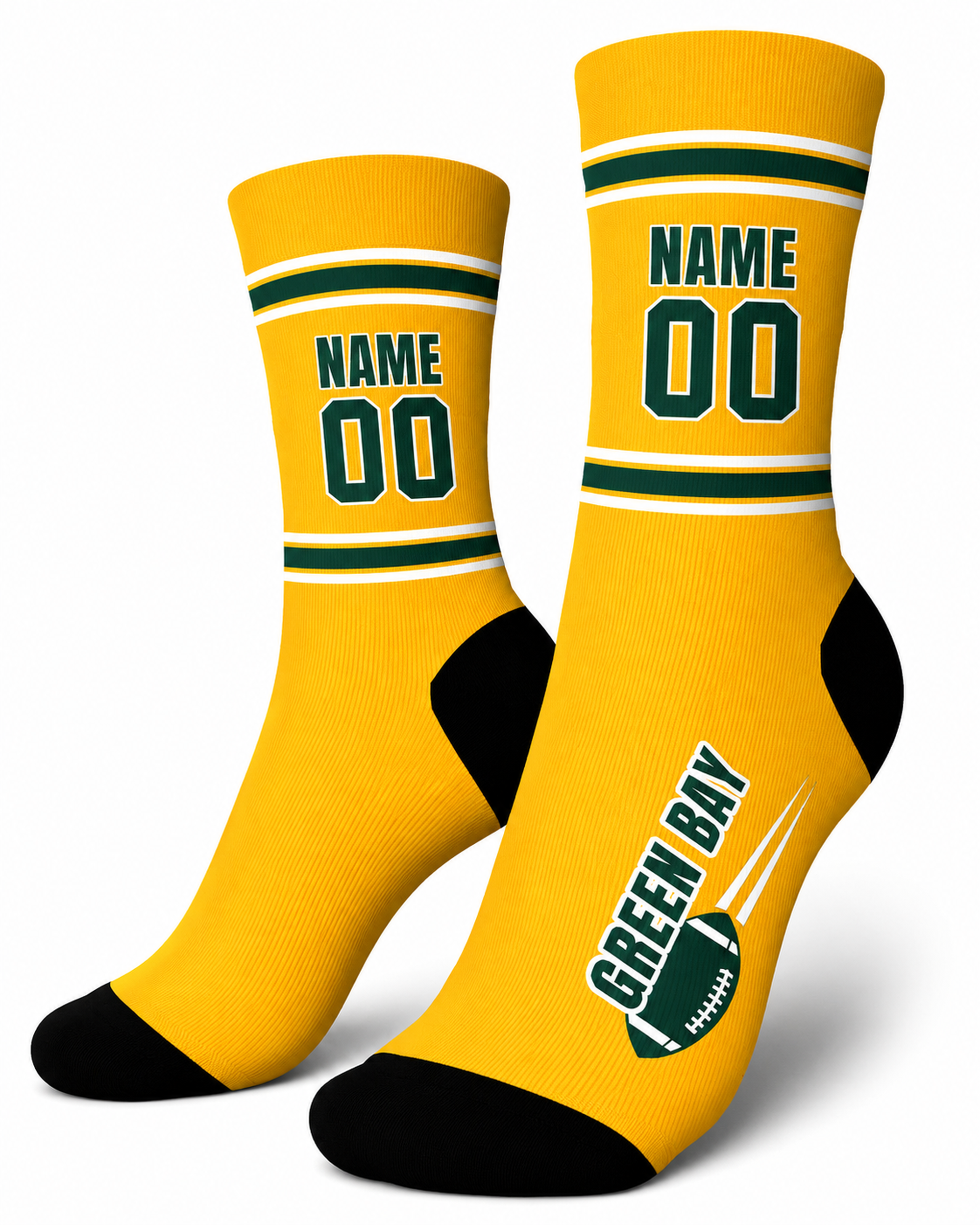 Custom City Sports Socks Green Bay Yellow - Personalized Name Number