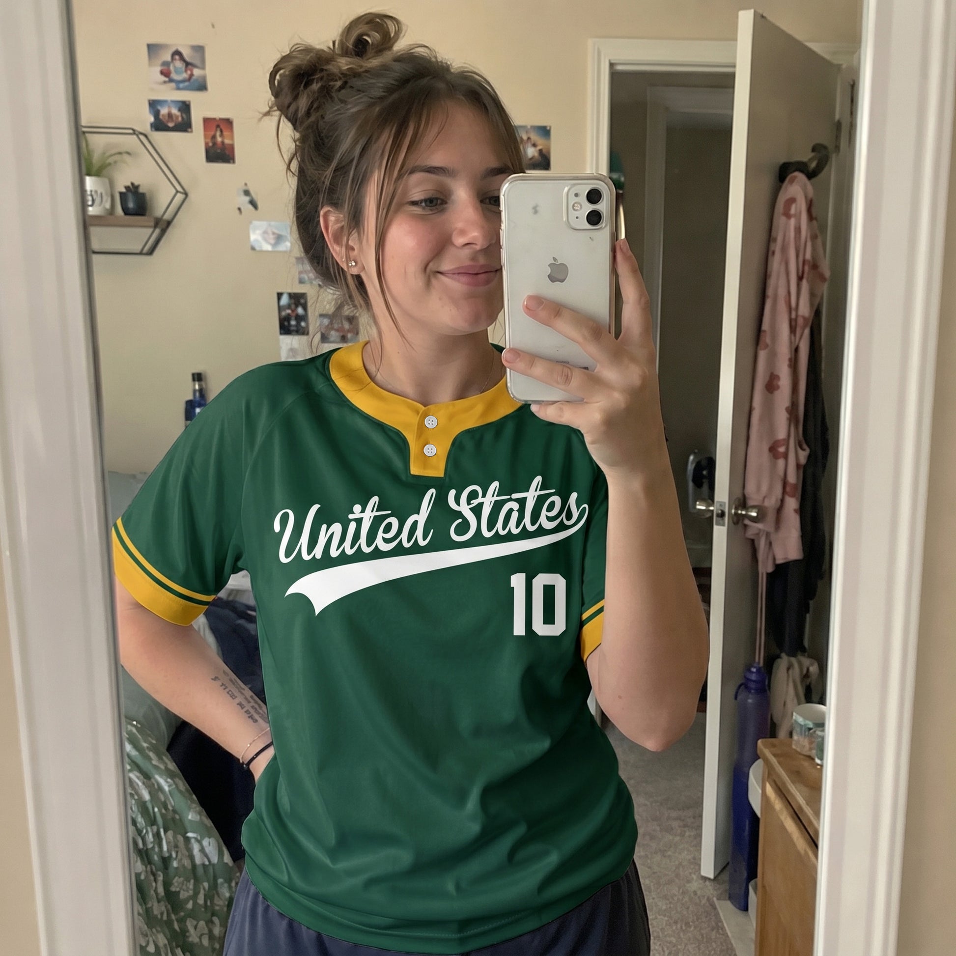 Custom Two Button Softball Jersey Green, Yellow and White – Design Your Own