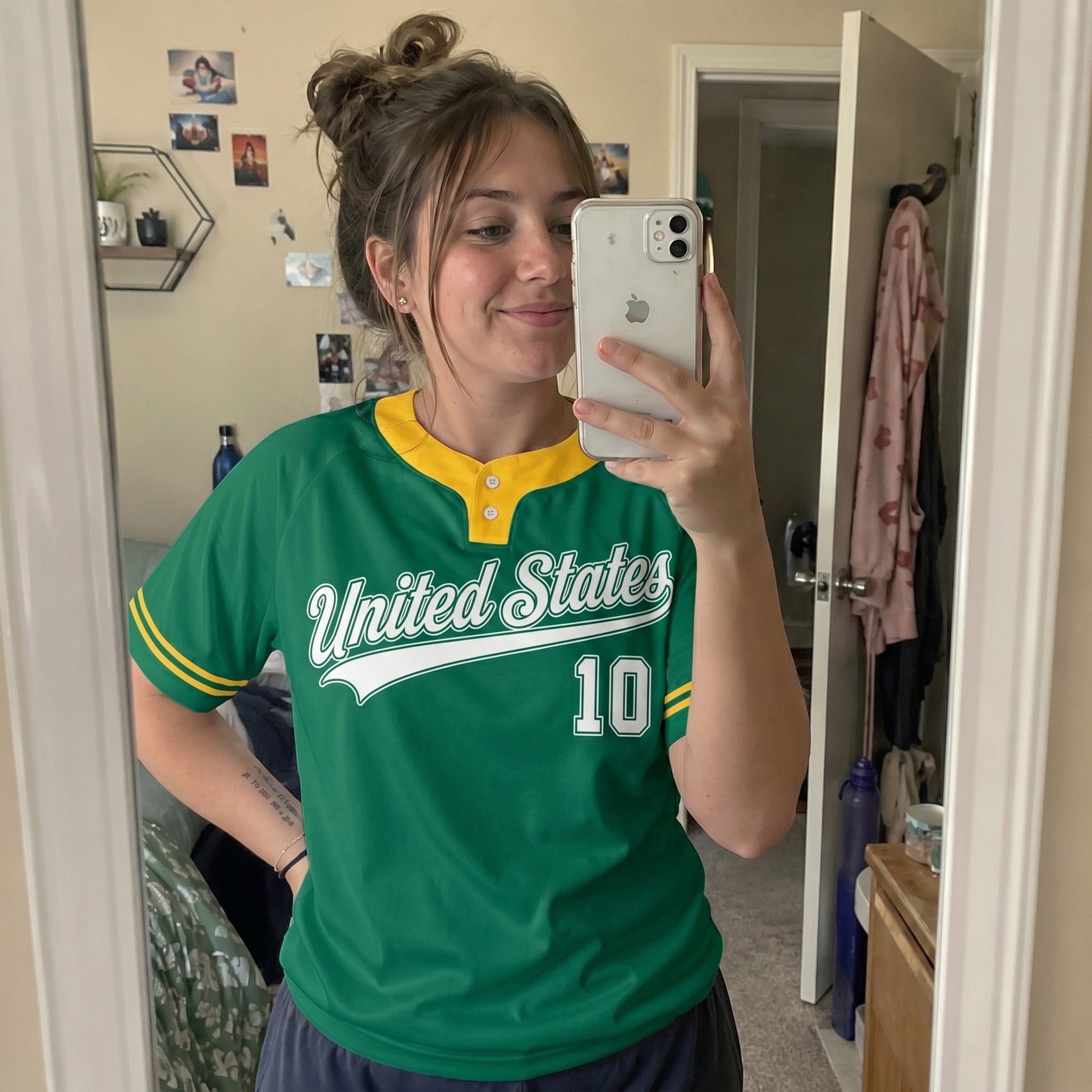 Custom Two Button Softball Jersey Green, Yellow and White Stroke – Design Your Own
