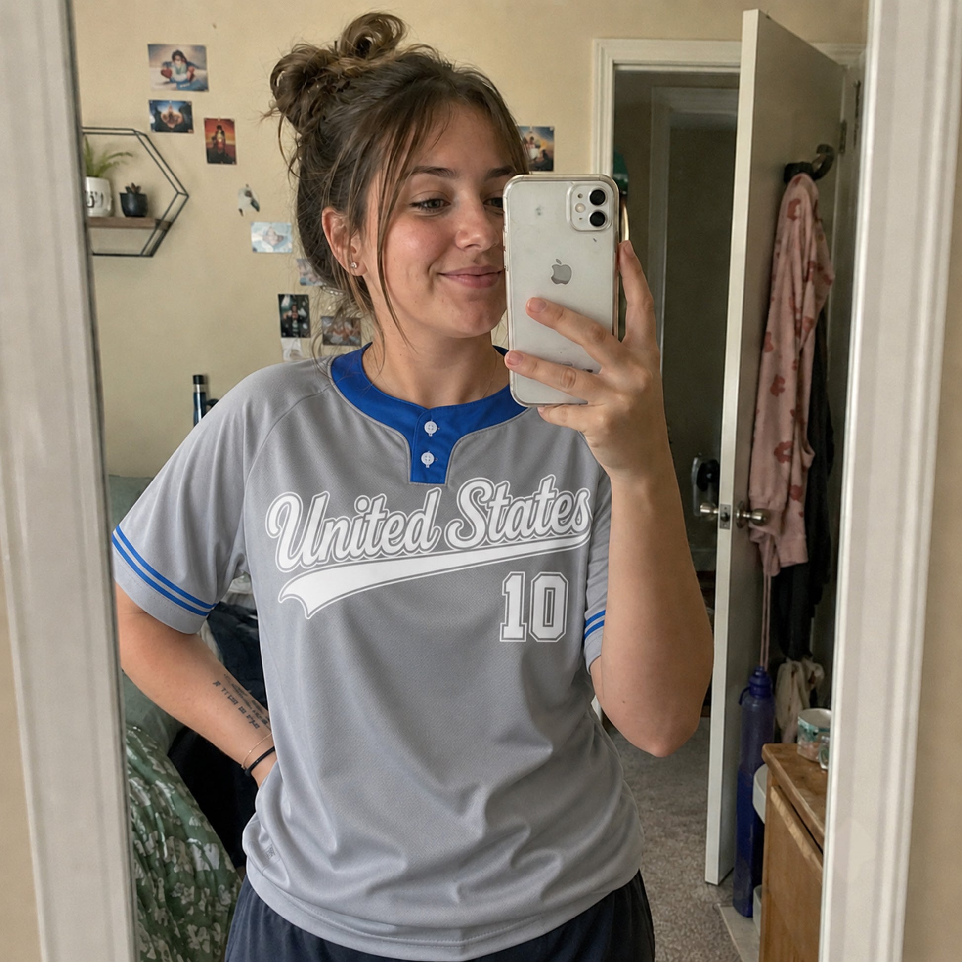 Custom Two Button Softball Jersey Grey, Blue and White – Design Your Own
