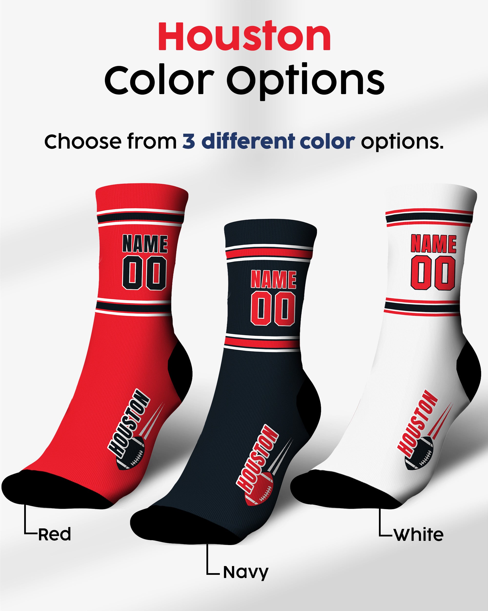 Custom City Sports Socks Houston White - Personalized Name Number