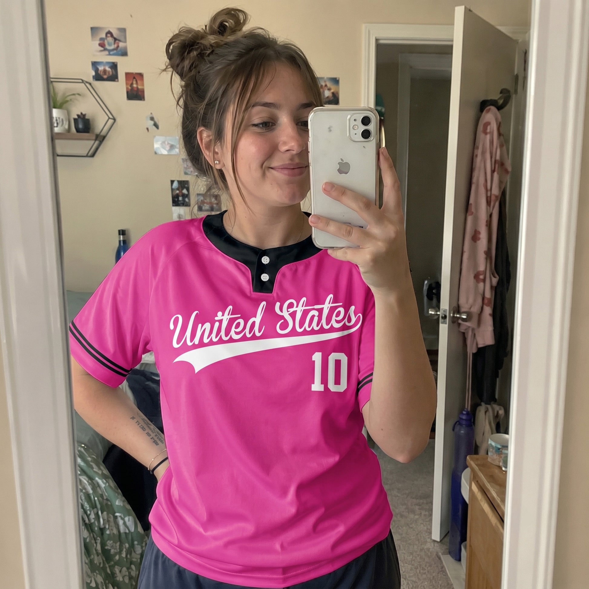 Custom Two Button Softball Jersey Hot Pink, Black and White – Design Your Own